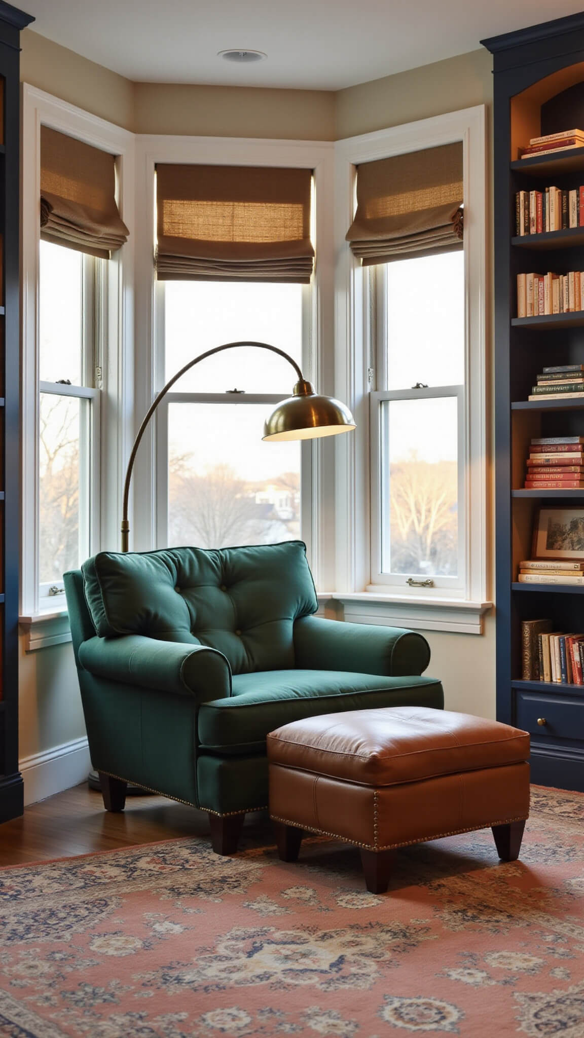 Low-angle view of a cozy 12x18ft bonus room at golden hour with an emerald velvet armchair in a bay window, warm light through roman shades, a weathered leather ottoman, vintage brass floor lamp, creamy white and navy blue walls, and a terracotta Persian rug.