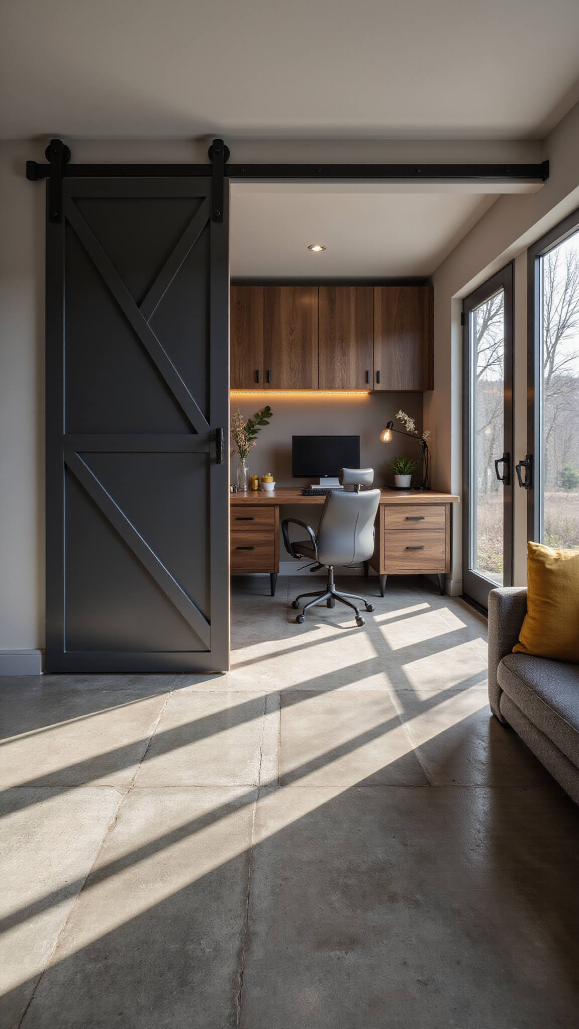 Industrial-modern 16x16ft home office and entertainment space with sliding charcoal steel barn door divider, walnut furniture, gray modular sofa with mustard pillows, concrete-look tiles, matte black hardware, and exposed bulb lighting at midday.
