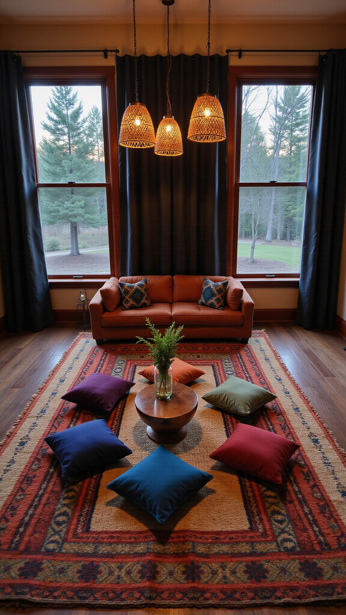 Overhead drone view of a cozy 20x15ft bonus room at dusk with Moroccan-inspired meditation space, jewel-toned floor cushions, copper side table, jute and kilim rugs, rattan pendant lights casting shadows, and home gym area.