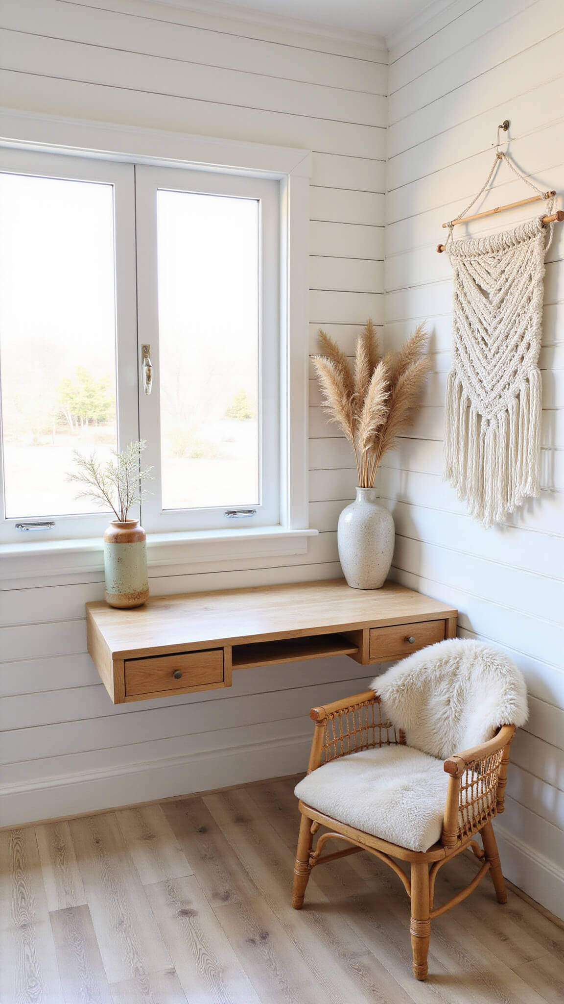Bright Scandinavian-bohemian studio with white shiplap walls, pale pine floors, floating bleached oak desk, rattan peacock chair with sheepskin, macramé wall hanging, and dried pampas grass in morning golden light.