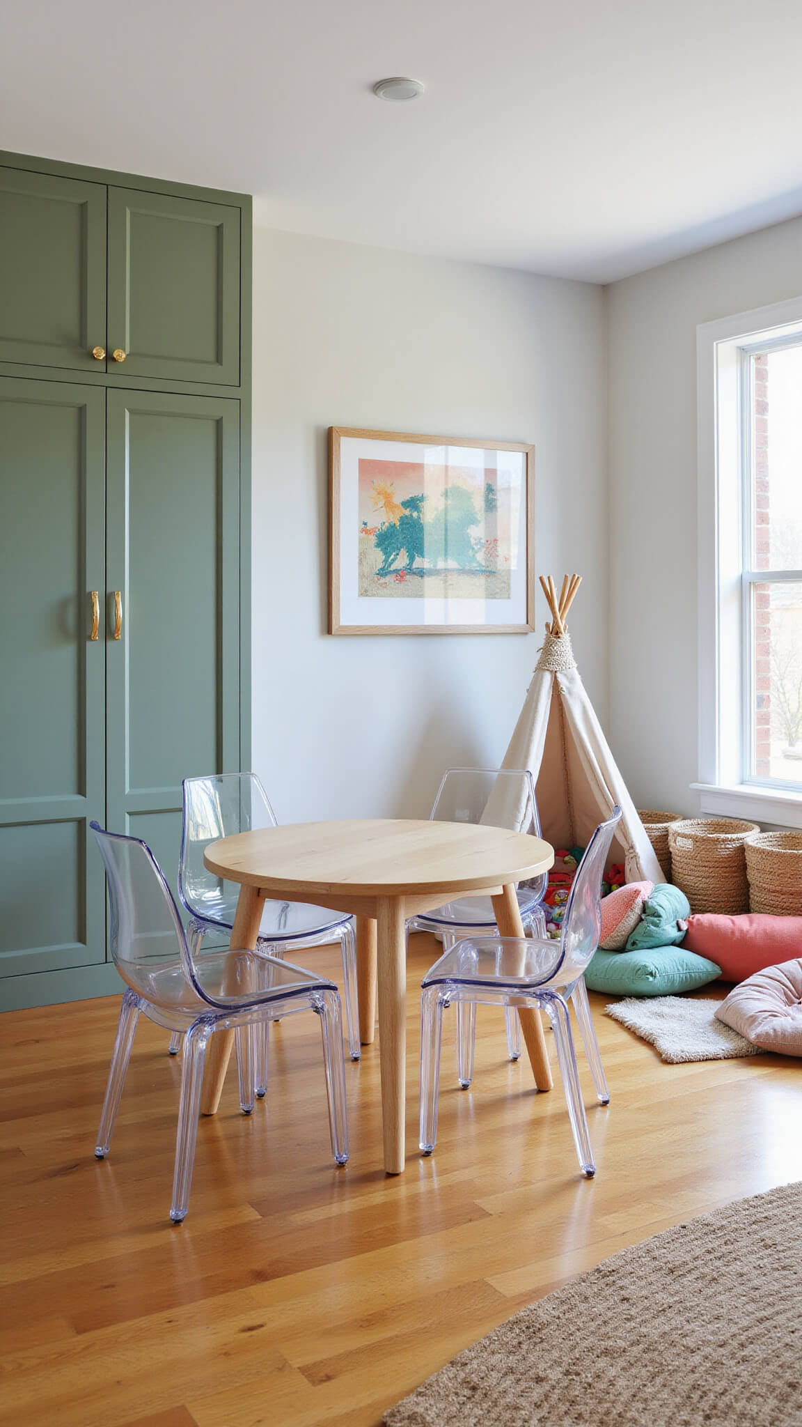 Bird’s eye view of a bright 15x15ft kids' playroom and homework space with sage green storage wall, white oak activity table, acrylic chairs, reading tepee, coral and mint cushions, honey-toned hardwood floors, and woven toy baskets.