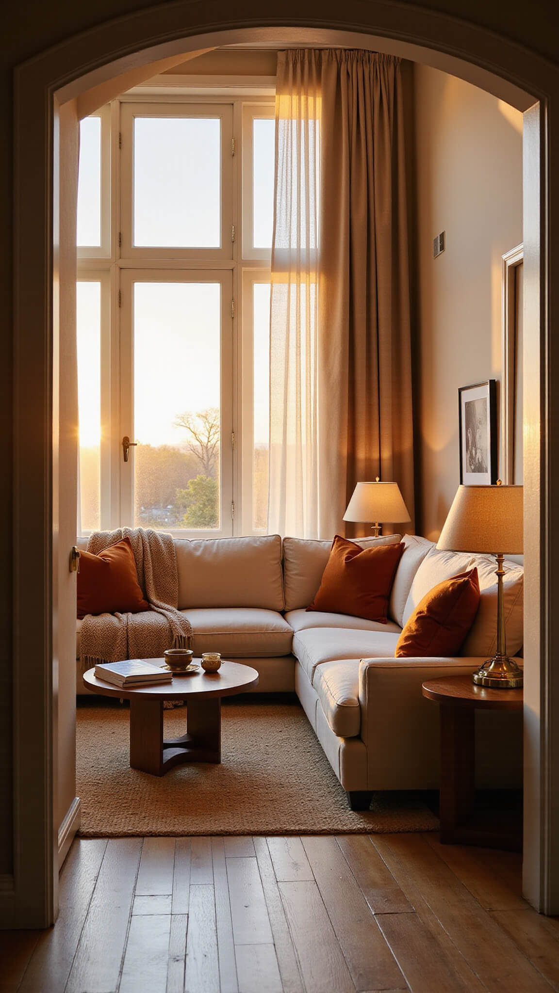 Golden-hour living room with cream sectional, layered warm lighting, rust and ochre accents, brass decor, and sunlight through sheer curtains.