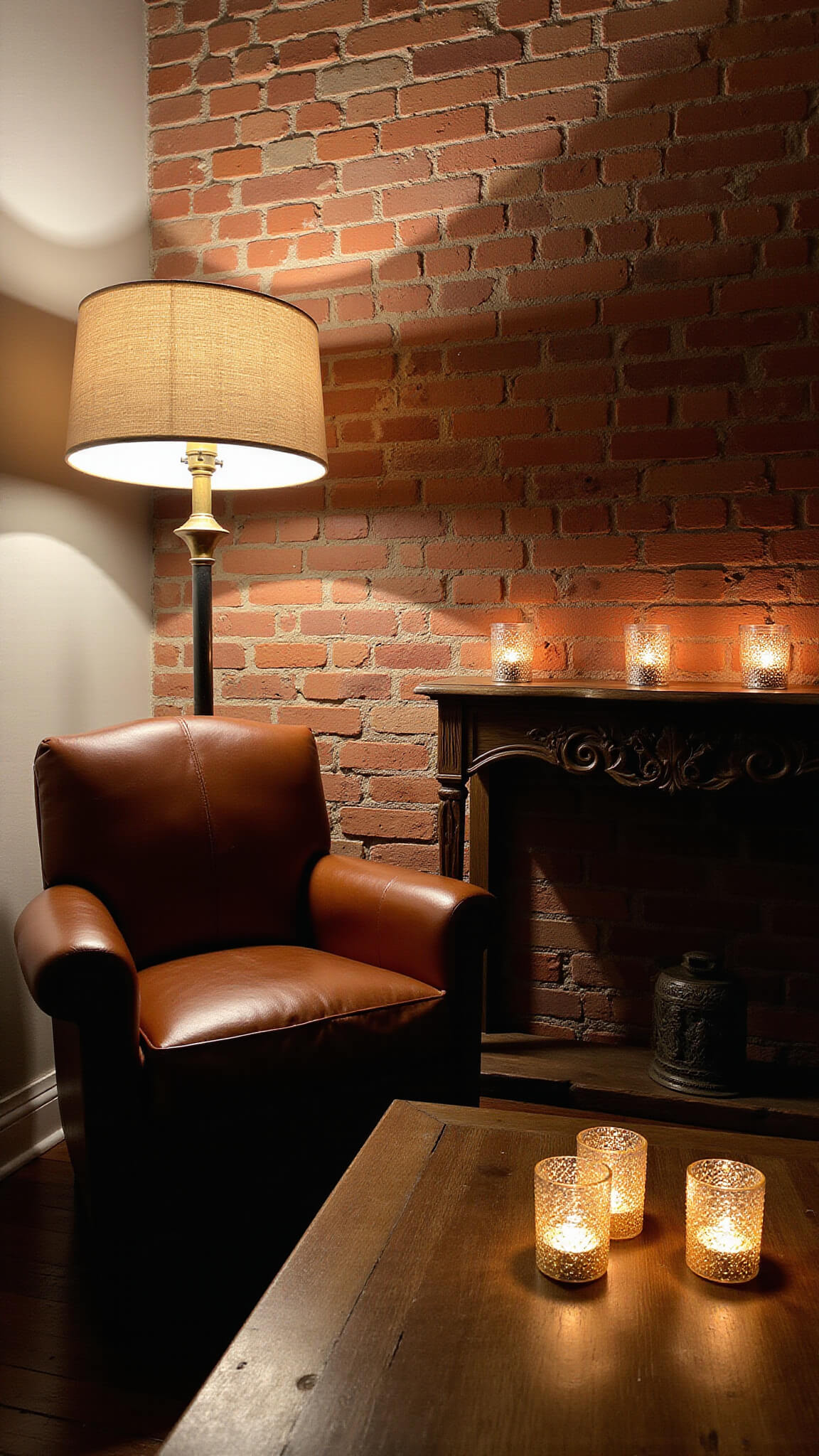 Cozy 12x14ft living room at dusk with warm layered lighting; floor lamp near leather armchair, brass table lamp on carved console, string lights on brick wall, and votive candles on reclaimed wood coffee table.