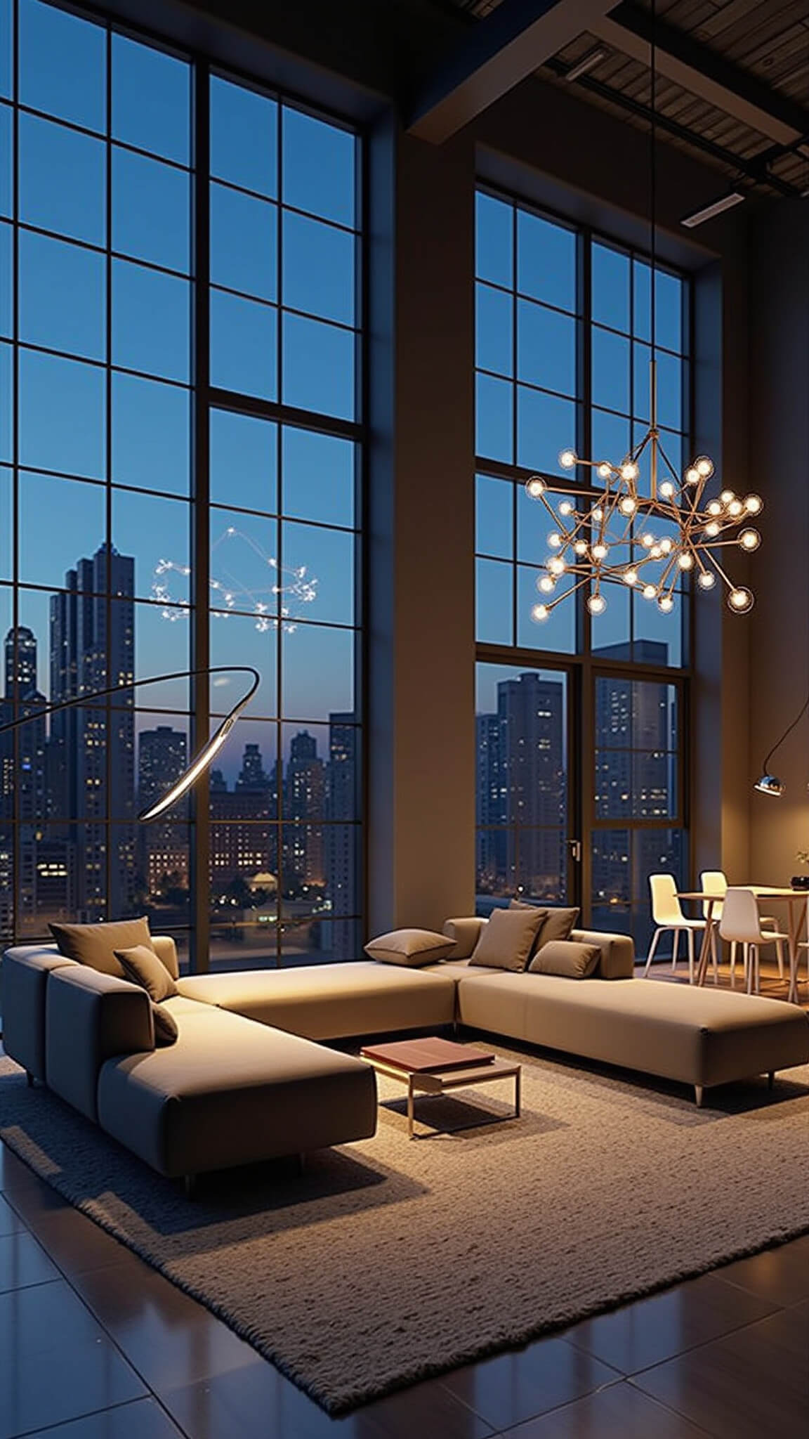 Bird’s-eye view of a modern loft living area at twilight with 18-foot ceilings, industrial windows, layered warm lighting from smart LED strips and metallic pendants, an oversized arc floor lamp over a sectional, and ghost chairs reflecting light against a cool blue evening backdrop.