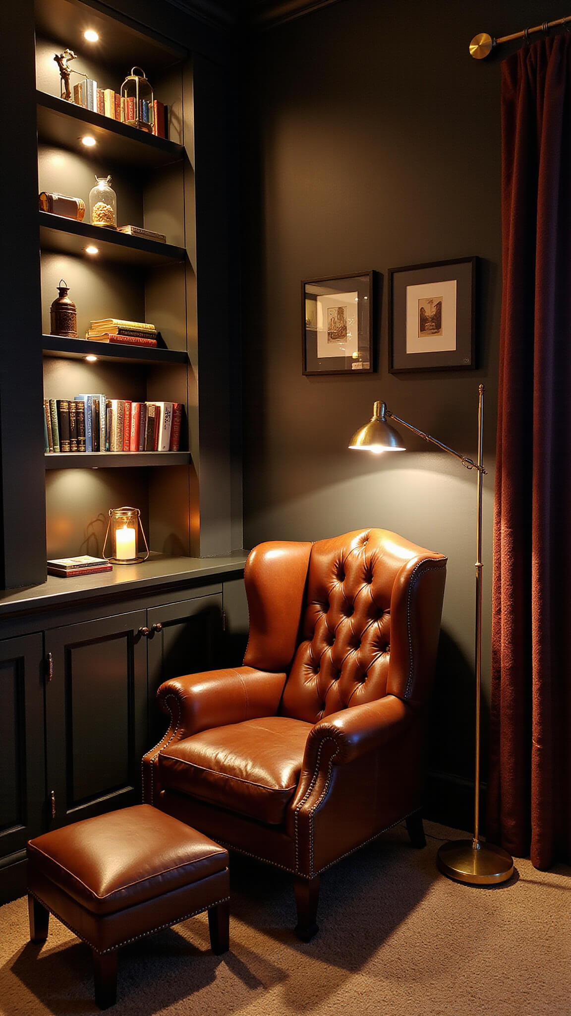 Cozy nighttime reading nook with leather chair, brass sconce lighting, glowing table lamp, candlelit lanterns, and softly illuminated bookshelves.
