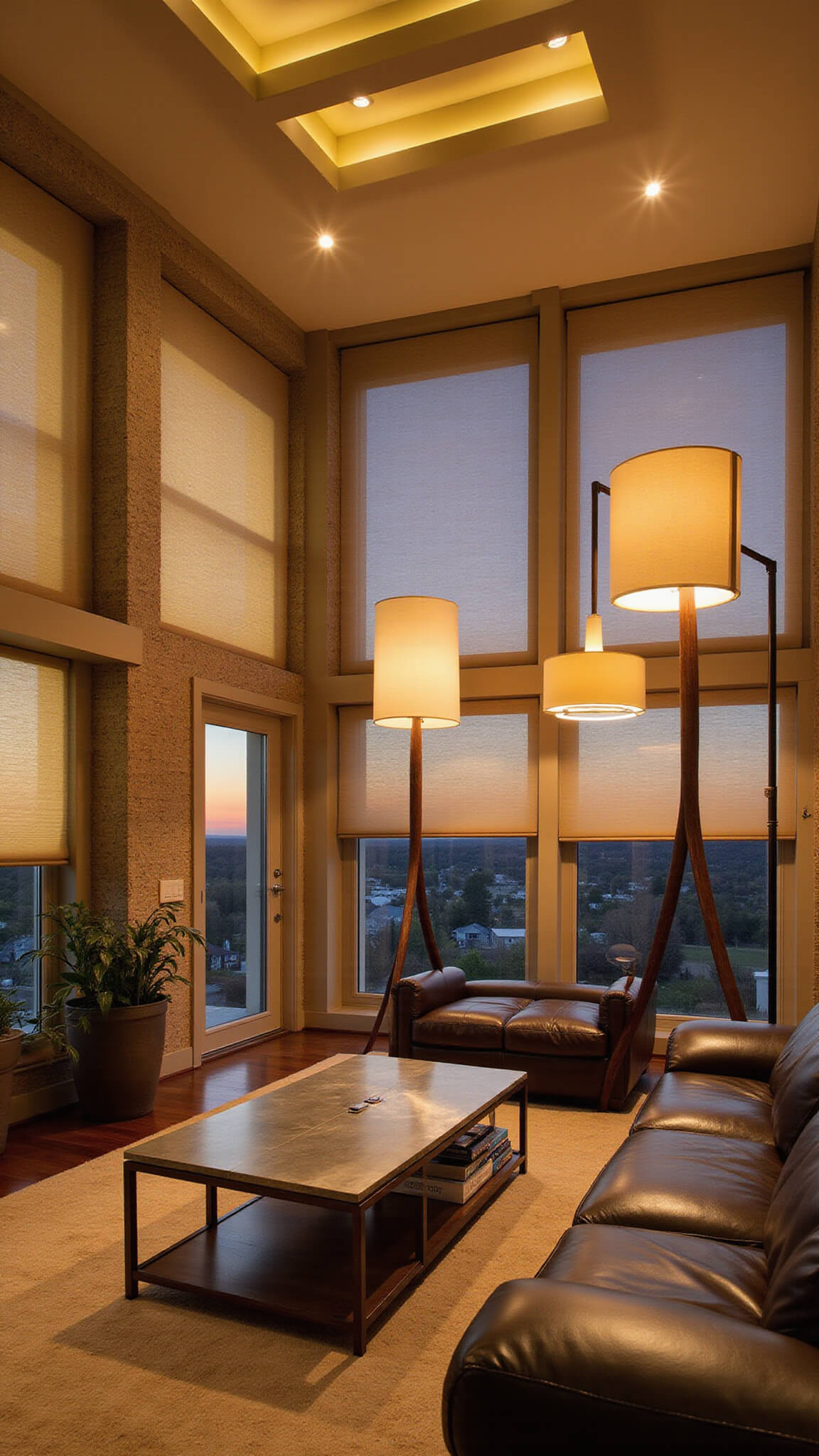 Contemporary open-concept living space at sunset with floor-to-ceiling windows, sculptural floor lamps casting artistic shadows, LED cove lighting on textured walls, and a metallic coffee table reflecting layered light.