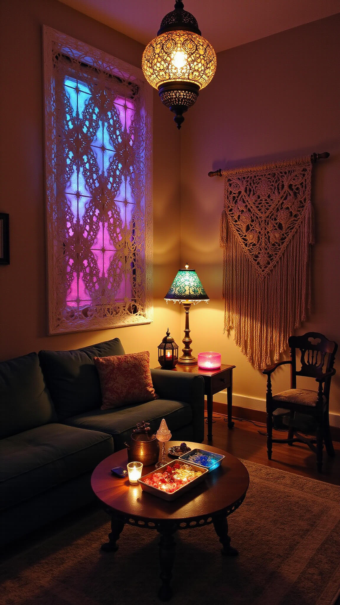 Bohemian 14x16ft living room at midnight with Moroccan pendant lamps casting shadows, fairy lights in macramé, vintage brass floor lamps, salt lamps, crystals, and rich jewel tones illuminated from a low angle.