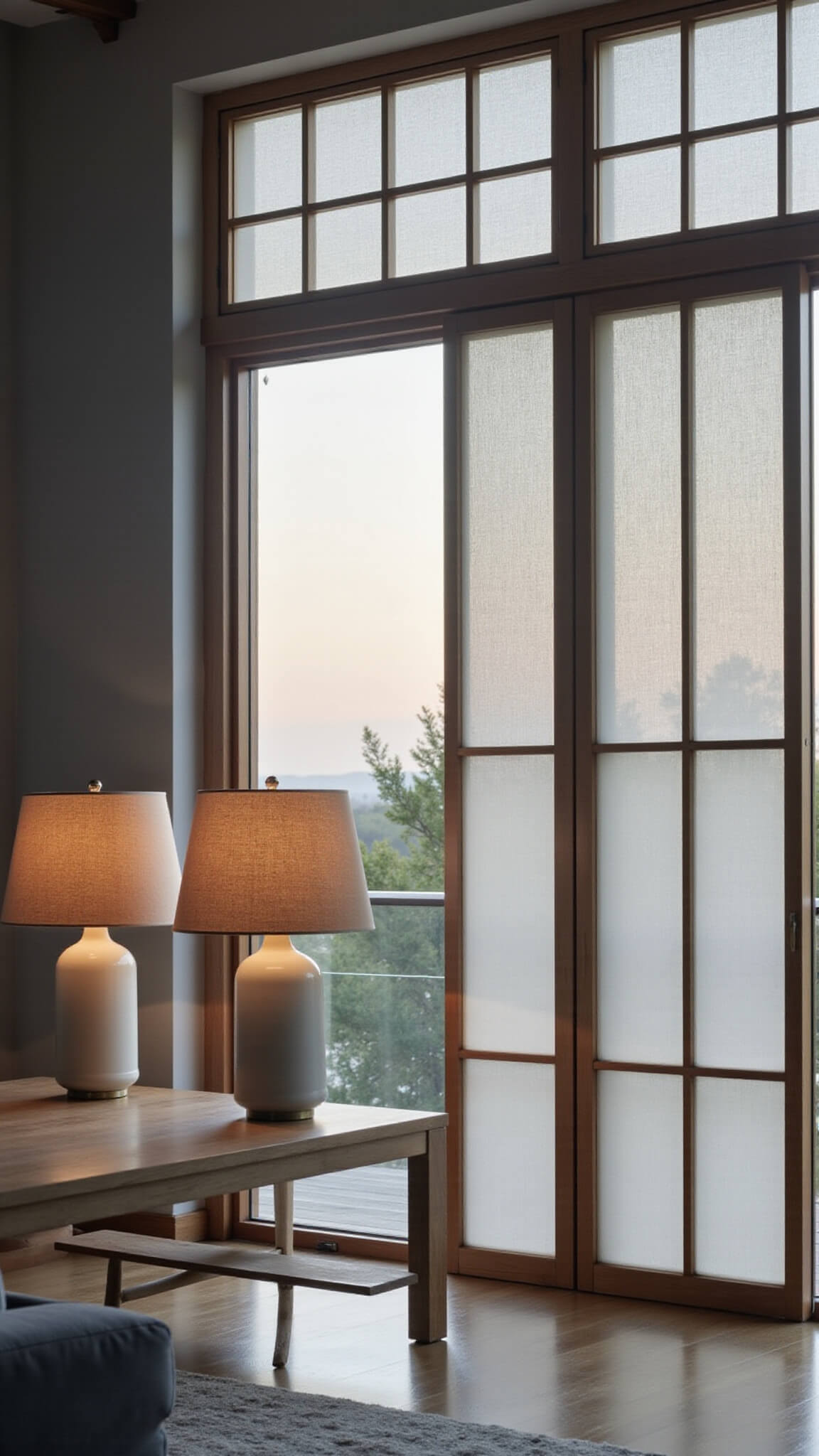 Minimalist 18x22ft living space at dawn with soft light through Japanese paper screens, ceramic table lamps, architectural LED strips, a sculptural floor lamp, and a serene monochromatic design viewed from a high angle.