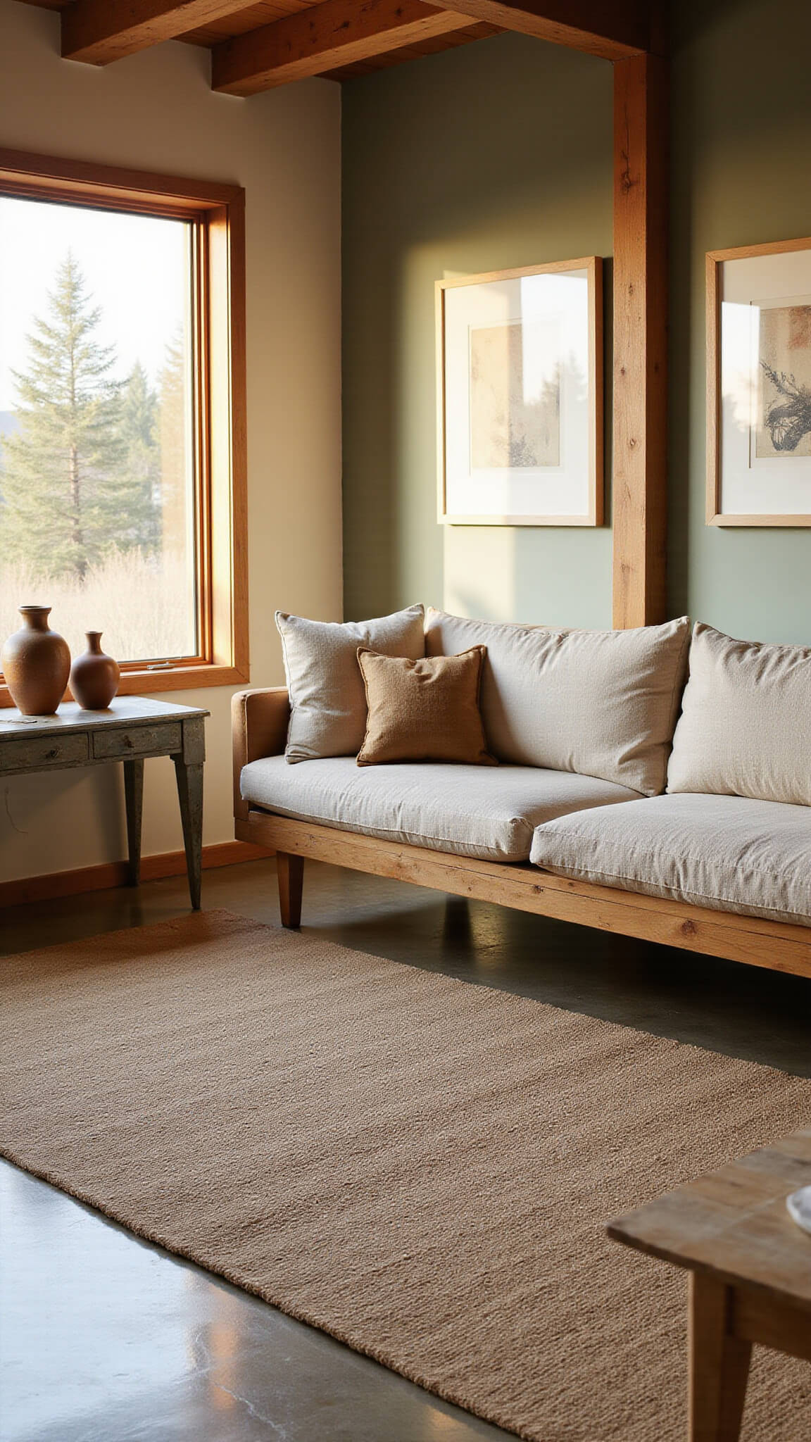 Sunlit living room with oak platform sofa, linen cushions, jute rug, ceramic vessels, sage green walls, and exposed wooden beams, captured with warm natural backlight.
