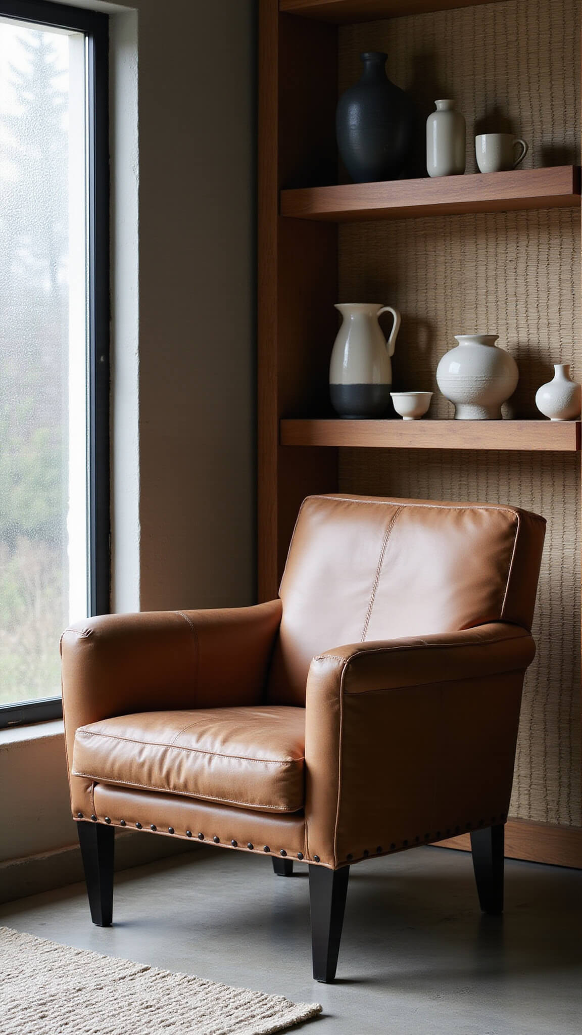 A cozy 12x14ft reading nook at dawn with a weathered leather armchair by a frosted window, raw concrete floor softened by a cream and charcoal wool rug, minimalist pottery on floating shelves, and dappled light from a bamboo screen, captured with soft diffused lighting and shallow depth of field.
