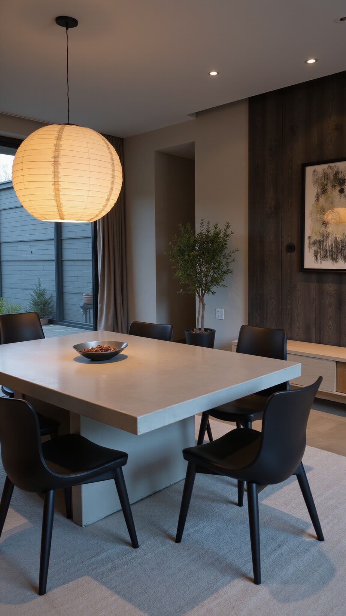 Open-concept modern space at dusk with concrete dining table, black oak chairs, large paper lantern, charred wood accent wall with abstract art, and potted dwarf olive tree.