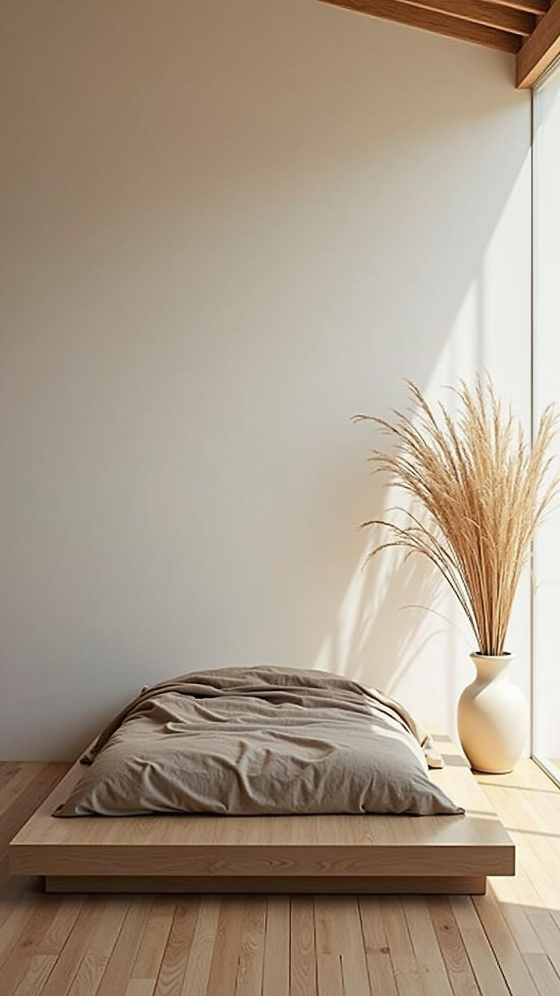 Minimalist 16x18ft meditation room with a low platform bed in rumpled oatmeal linen, ceramic vases with dried pampas grass, rice paper screens softening midday light, and pale oak flooring with natural grain.