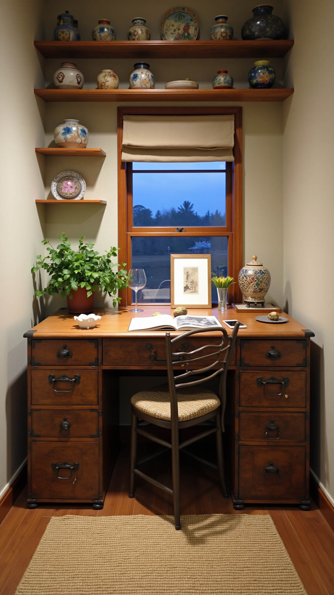 Cozy 14x16ft workspace at blue hour with vintage tansu chest desk, rush grass mat, wooden shelves holding stones and ceramics, and soft linen roman shade filtering warm ambient light.