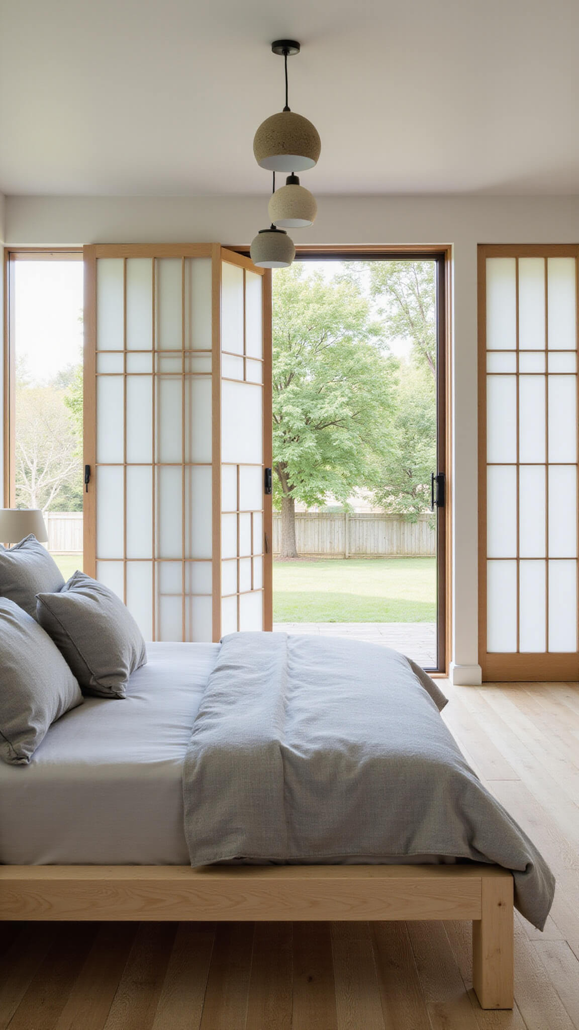 Sunlit primary bedroom with bleached cedar platform bed, dove grey linen bedding, asymmetrical ceramic pendant lights, and shoji screens opening to a private garden.