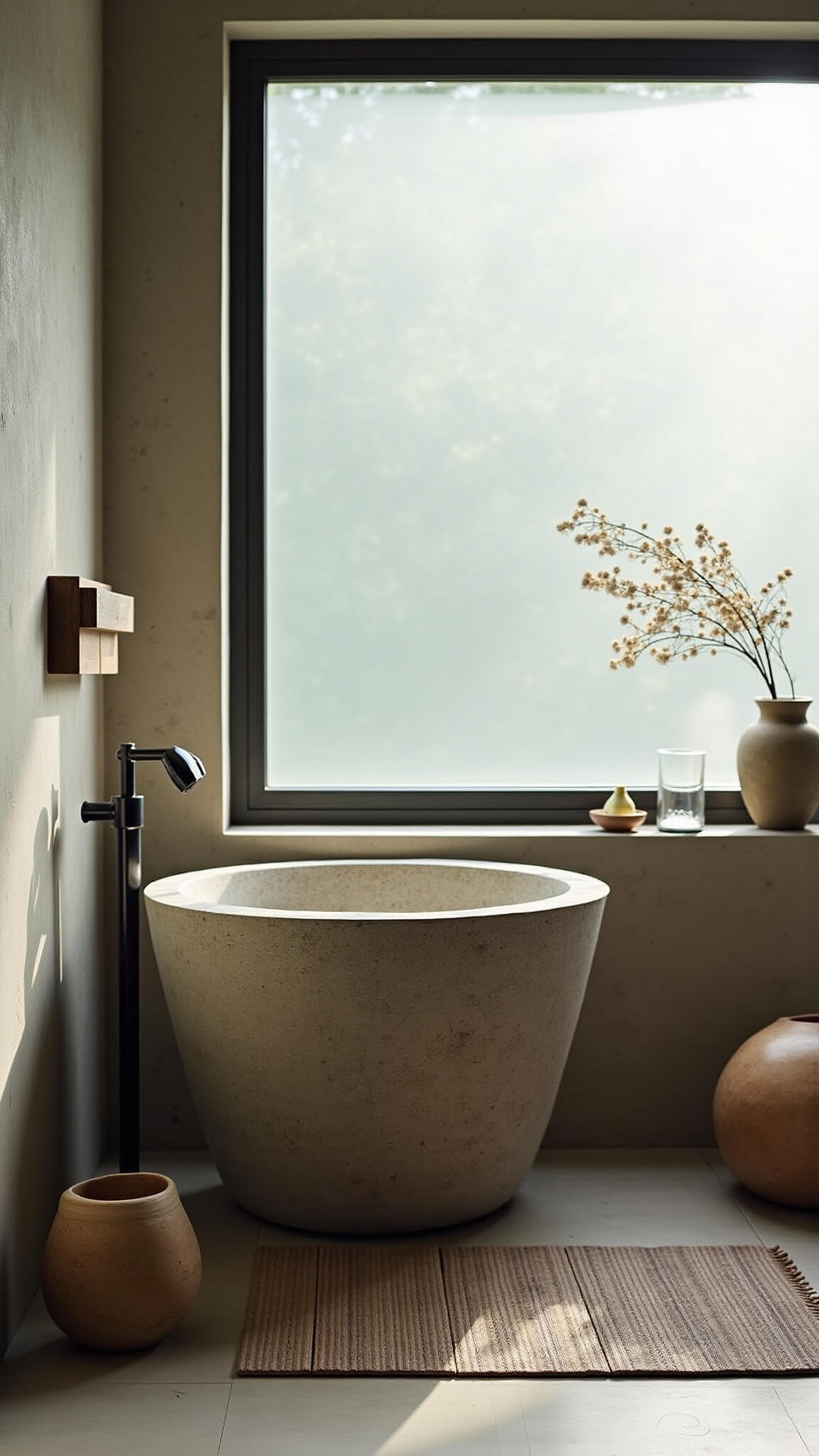 Low-angle view of a serene, Zen-style bathroom with a freestanding stone soaking tub, weathered teak bath mat, handmade ceramic vessels, and diffused natural light from a steam-frosted window.