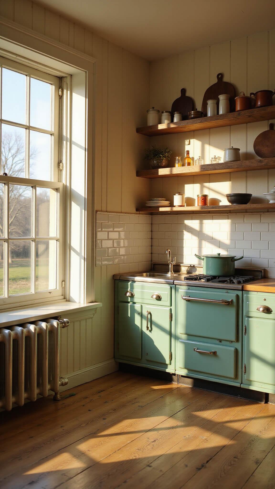 Vintage farmhouse kitchen bathed in golden morning light, featuring wide-plank pine floors, cream beadboard walls, a mint-green 1940s stove, open shelves with antique milk glass canisters, and a weathered copper pot rack.