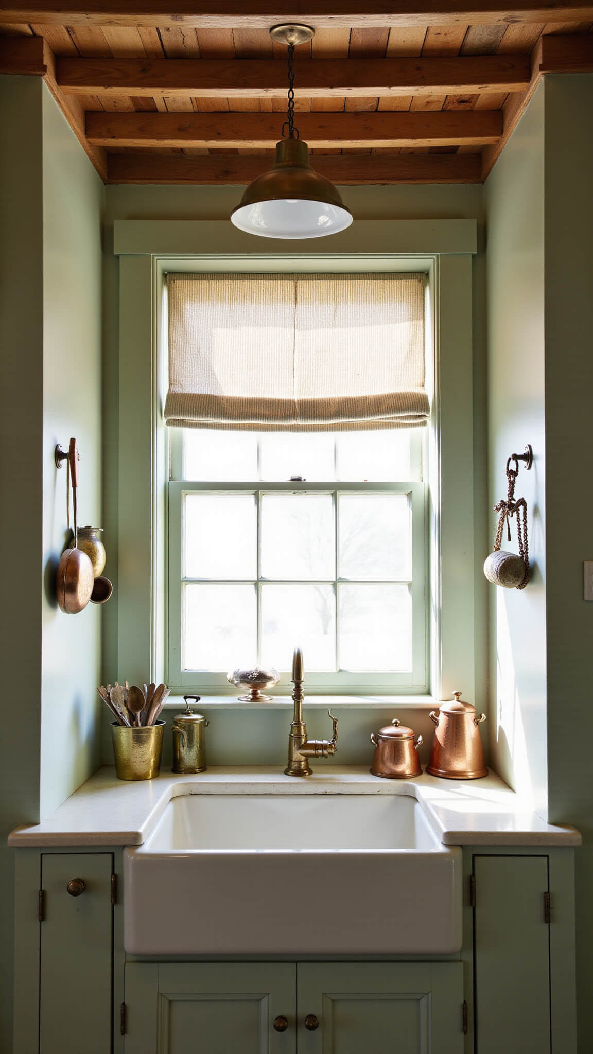 Rustic kitchen alcove with farmhouse sink under a window, sage green walls adorned with copper molds and brass utensils, exposed wooden beams, and a vintage enamel pendant light glowing warmly.