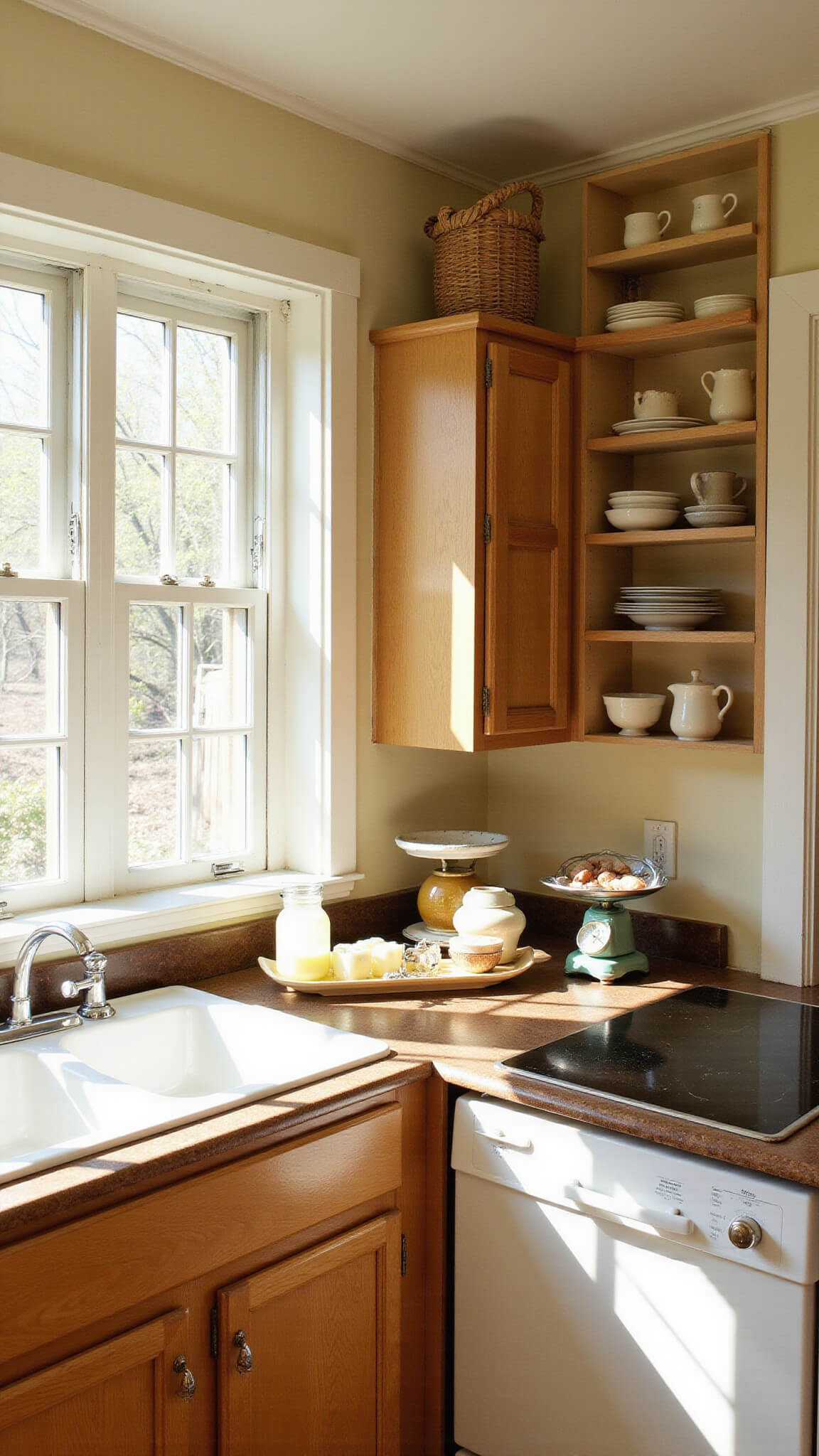 Sunlit country kitchen with maple glass-front cabinets, apron sink under multi-pane windows, vintage yellow and cream scales on open shelves, and woven baskets highlighting aged wood textures.