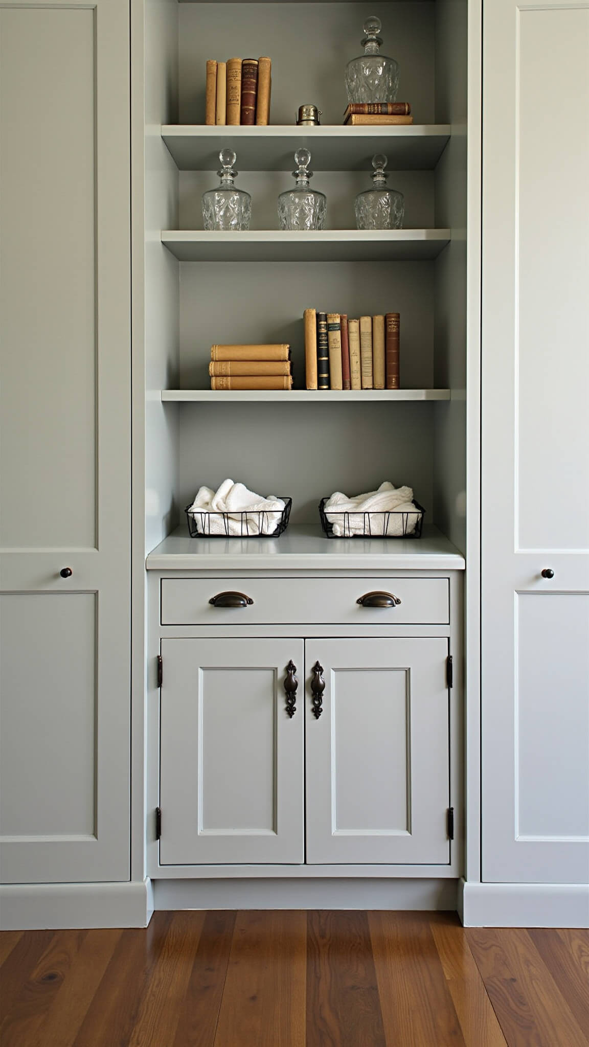 Elegant dove grey butler's pantry with glass shelves displaying antique crystal decanters, vintage cookbooks, and French wire baskets in soft, diffused window light.