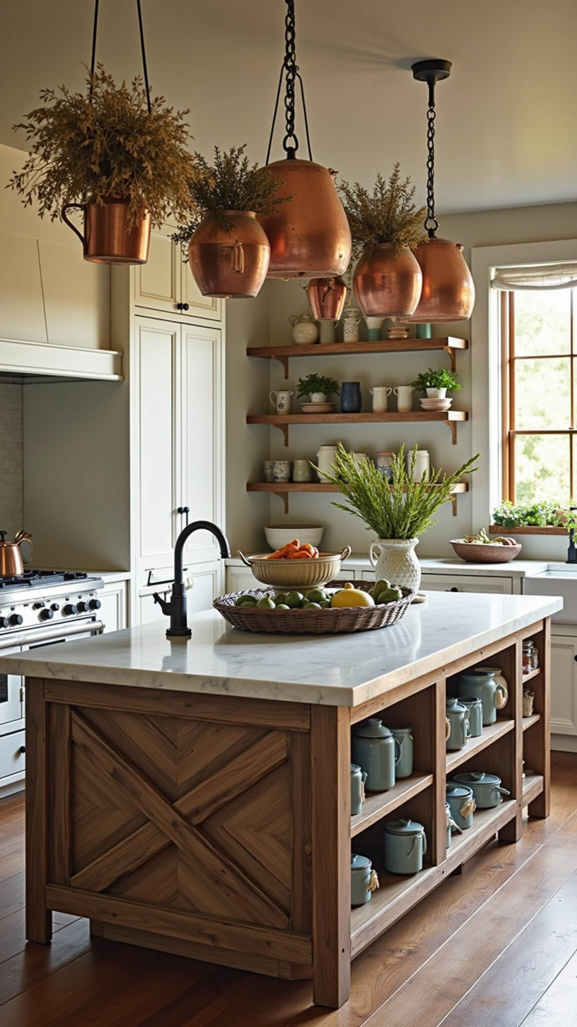 Farmhouse kitchen corner with large reclaimed wood island, marble countertop, earthenware crocks, hanging dried herbs, copper pots, vintage enamelware on open shelves, and warm golden hour lighting highlighting wide plank floors.