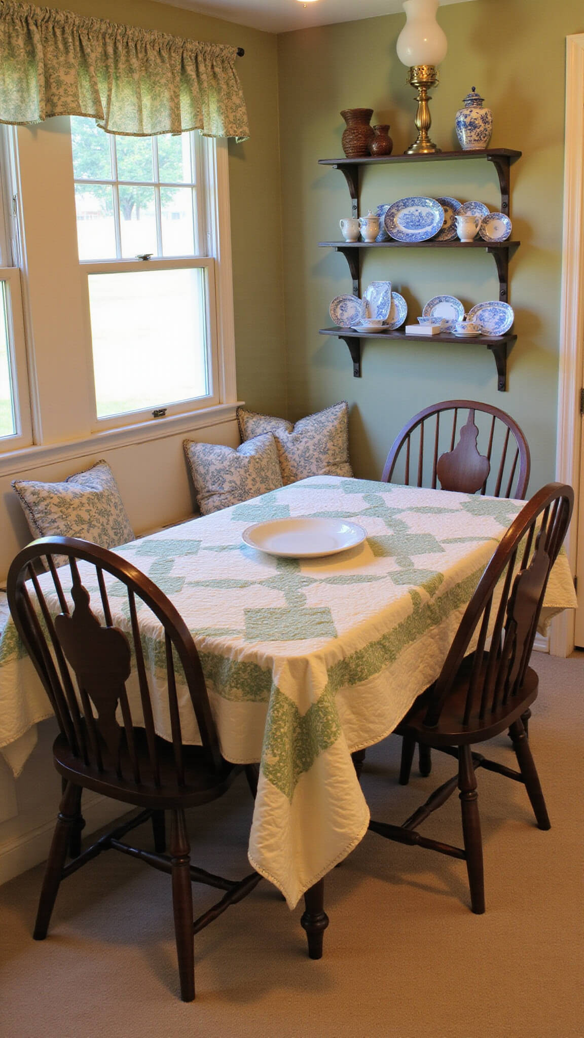 Cozy 10x12ft breakfast nook with built-in bench seating, vintage quilts over Windsor chairs, blue and white transferware on a plate rack, and glowing oil lamps in warm early evening light.