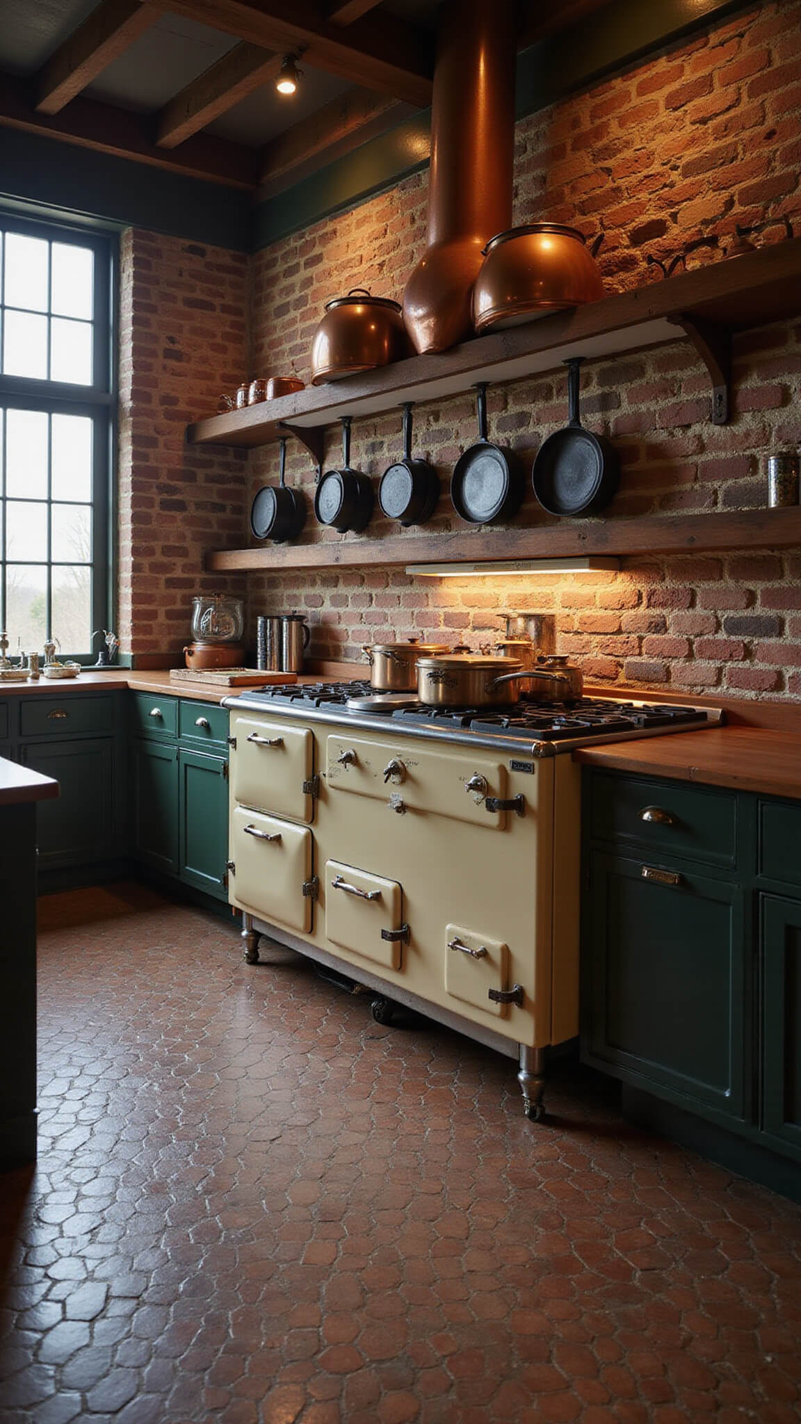 Overhead view of a vintage-style kitchen at pre-dawn, featuring a cream 1950s Chambers range, gleaming copper pots, exposed brick wall with cast iron skillets, and hexagonal tiled floor with moody, dramatic lighting.