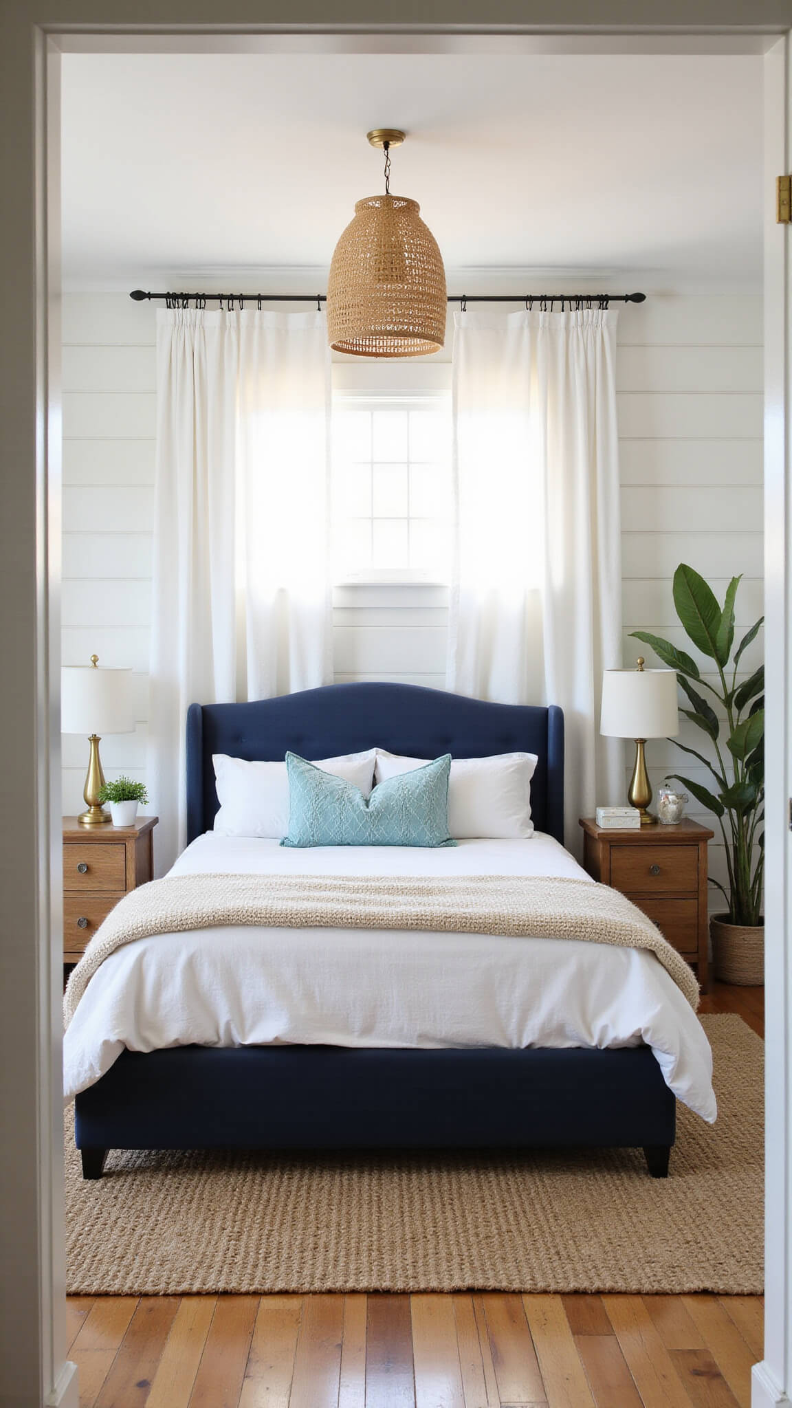 Sunlit coastal bedroom with navy upholstered bed, white shiplap wall, jute rug, linen bedding, and rattan pendant light, captured at golden hour.