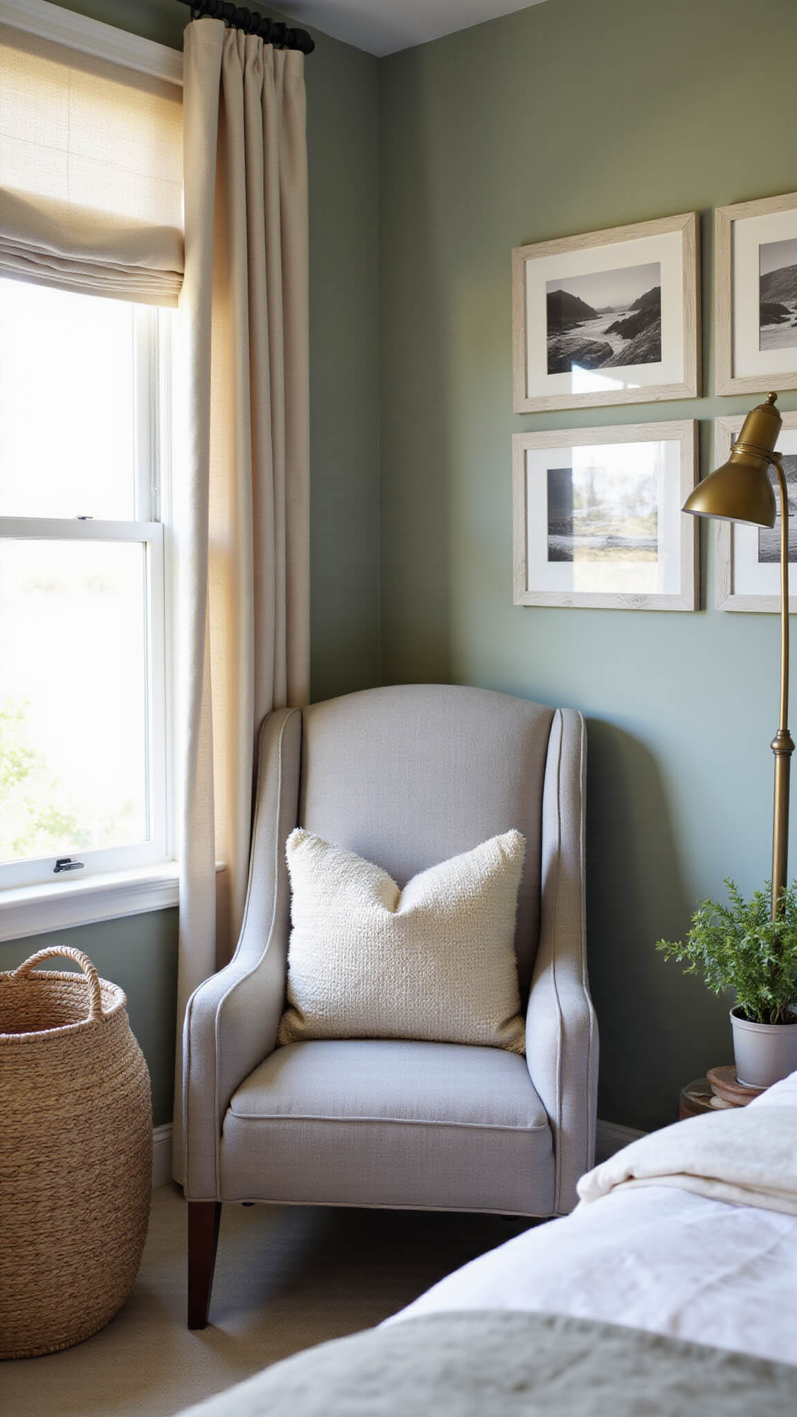 Cozy coastal reading nook with grey upholstery, seagrass basket of throws, vintage brass floor lamp, sage green gallery wall, and soft morning light.