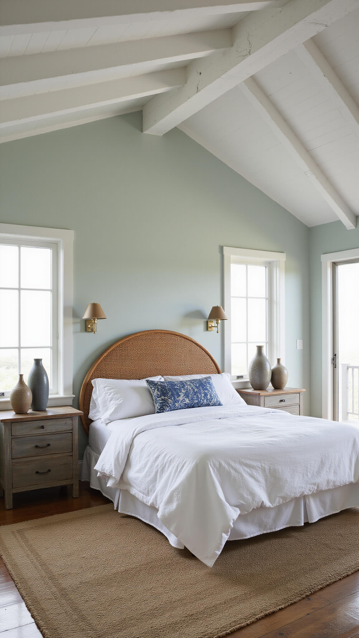 Modern coastal bedroom at dusk with vaulted white-beamed ceilings, a California king bed in rumpled white linens, layered jute and indigo rugs, rattan headboard against pale sage walls, floor-to-ceiling windows, and warm sconce lighting.