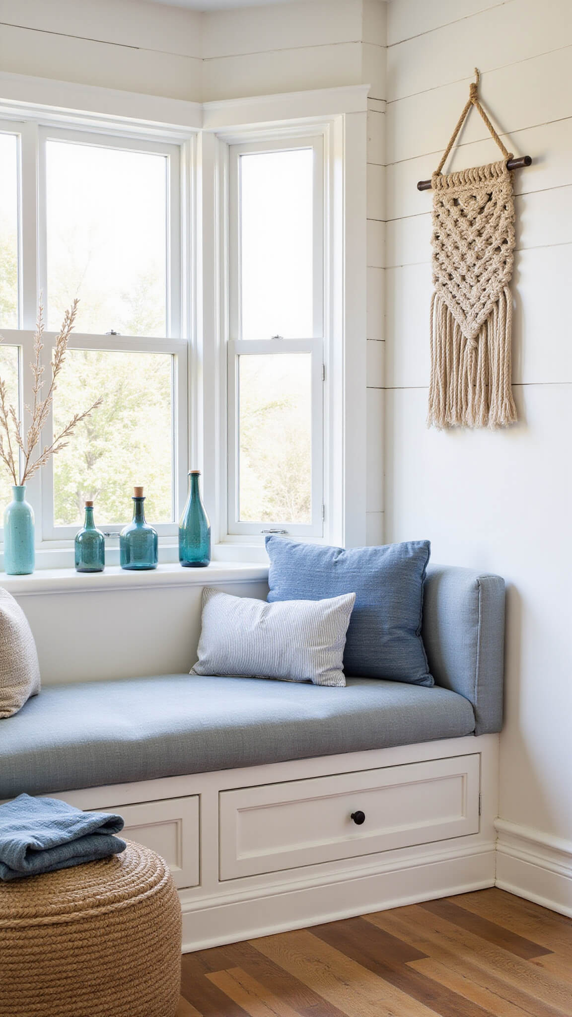 Sunlit guest bedroom bay window alcove with white paneling, coastal blue striped cushions, blue glass bottles, rope basket with throws, jute pouf, and macramé wall hanging.