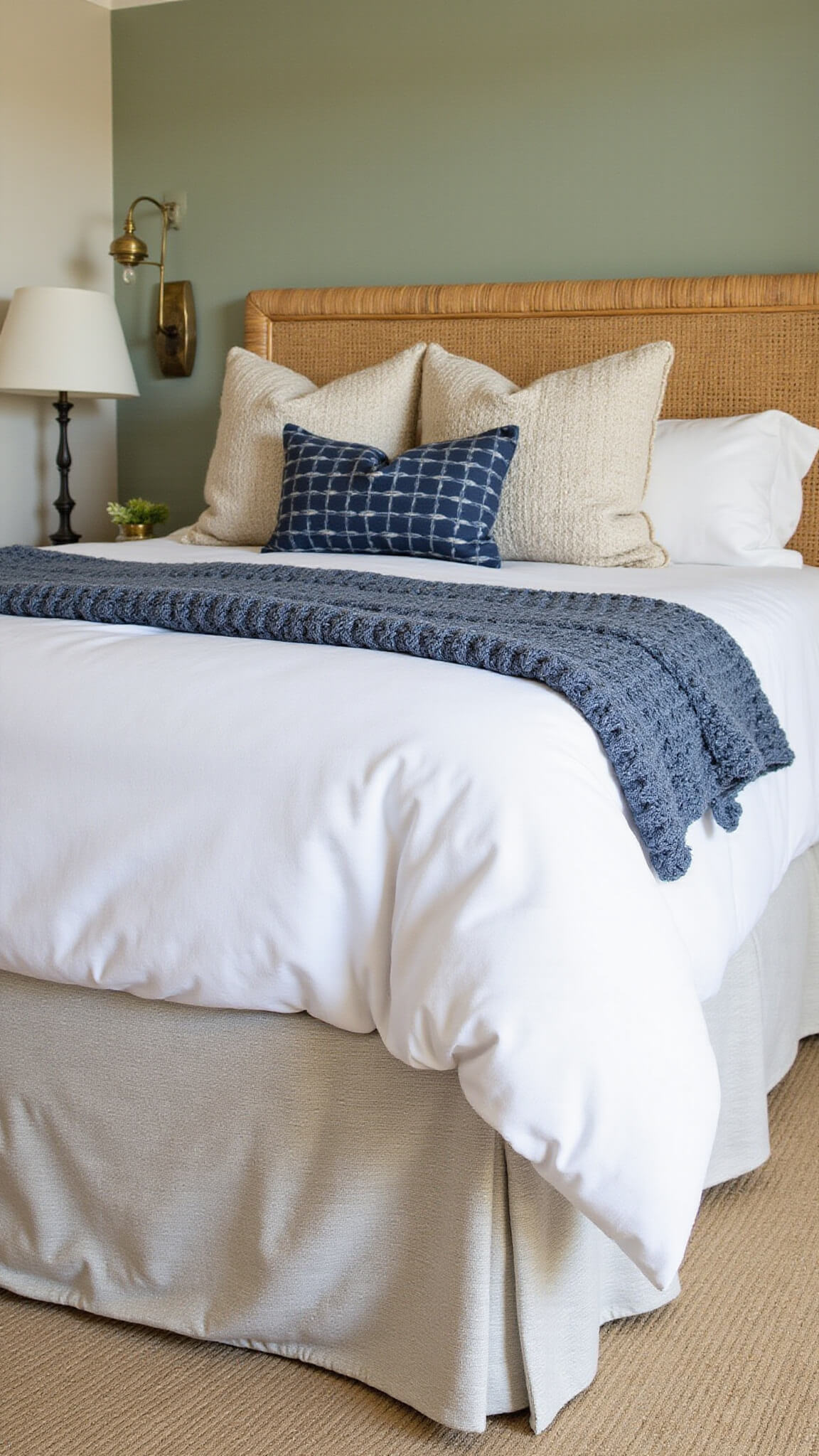 Layered coastal bedroom bedding with white linen duvet, navy striped quilt, textured pillows, rattan headboard, brass sconces, sage green wall, and sisal carpet, side angle detail.