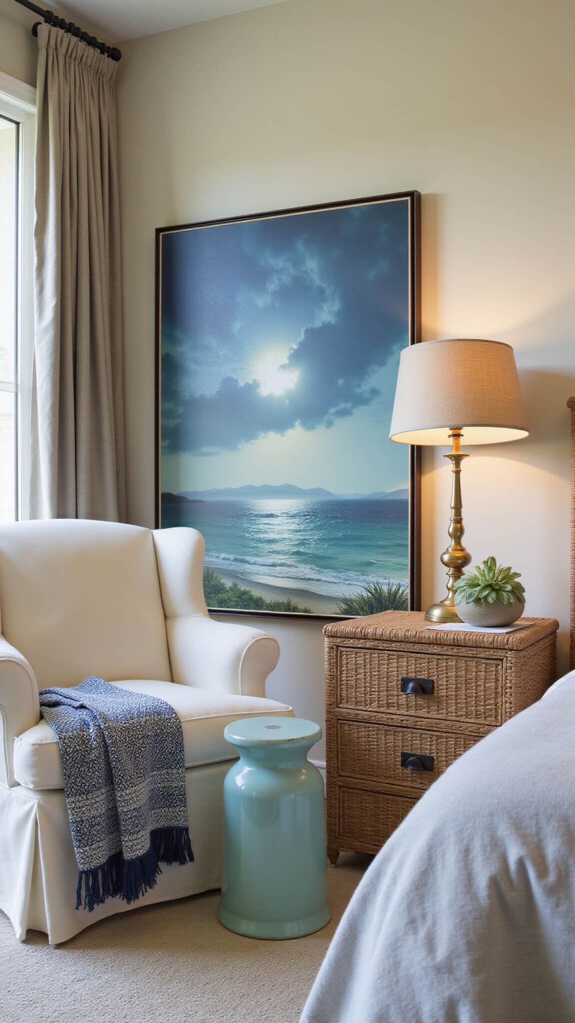 Cozy coastal bedroom sitting area at blue hour with linen chairs, rattan table, brass lamp, sheer curtains, abstract seascape, indigo throw, and aqua ceramic stool.