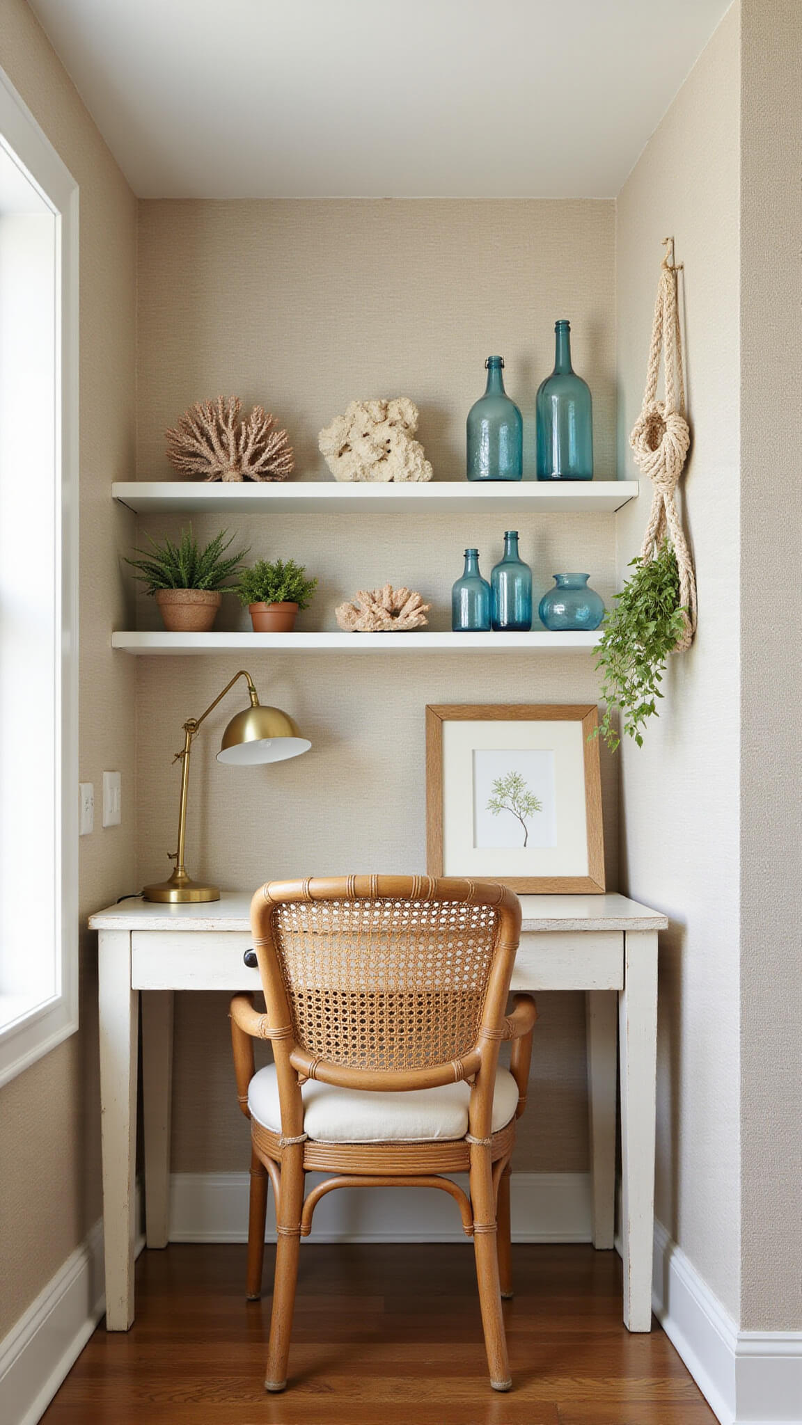 Cozy bedroom workspace with whitewashed desk, brass lamp, rattan chair, coral decor, glass bottles, and sandy beige grasscloth walls, lit by morning sunlight.