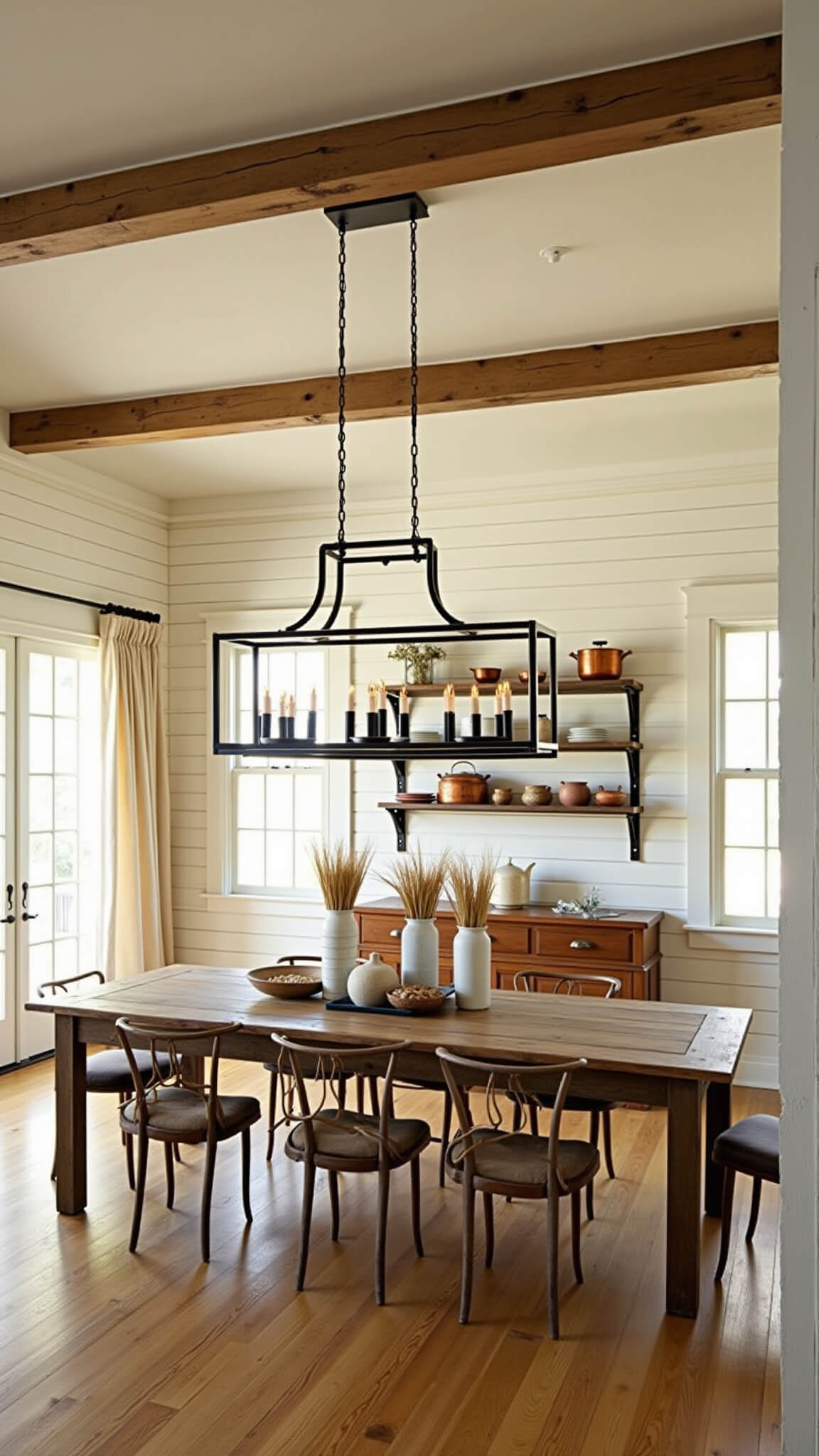 Sunlit open-concept kitchen-dining space with exposed wooden beams, vintage farmhouse table, matte black chandelier, shiplap walls, hardwood floors, and floor-to-ceiling windows with sheer curtains at golden hour.