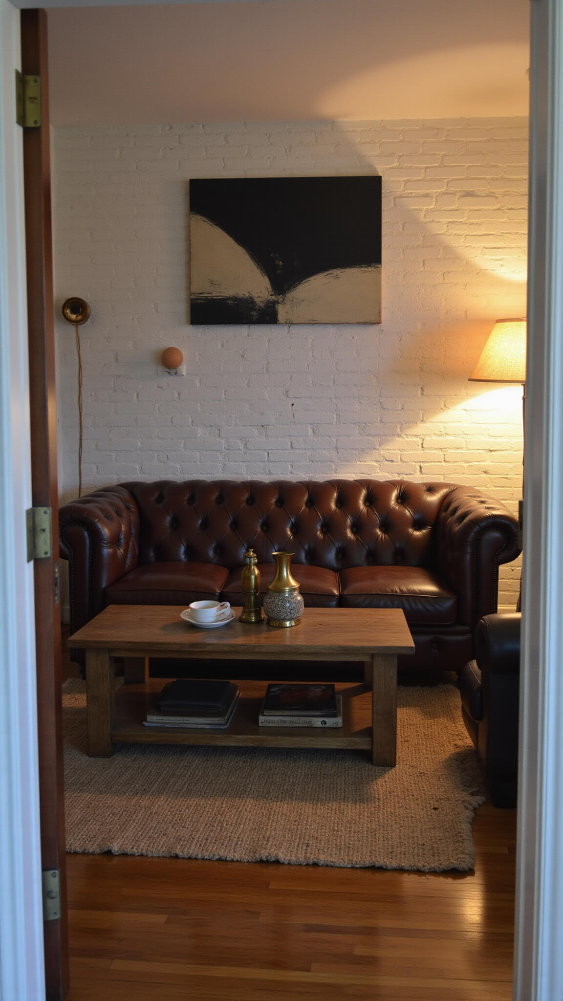 Cozy 15x18ft living room at dusk with a distressed leather Chesterfield sofa against a white brick wall, vintage floor lamps, layered Persian and jute rugs, reclaimed wood coffee table with brass and ceramic decor, and warm ambient lighting.