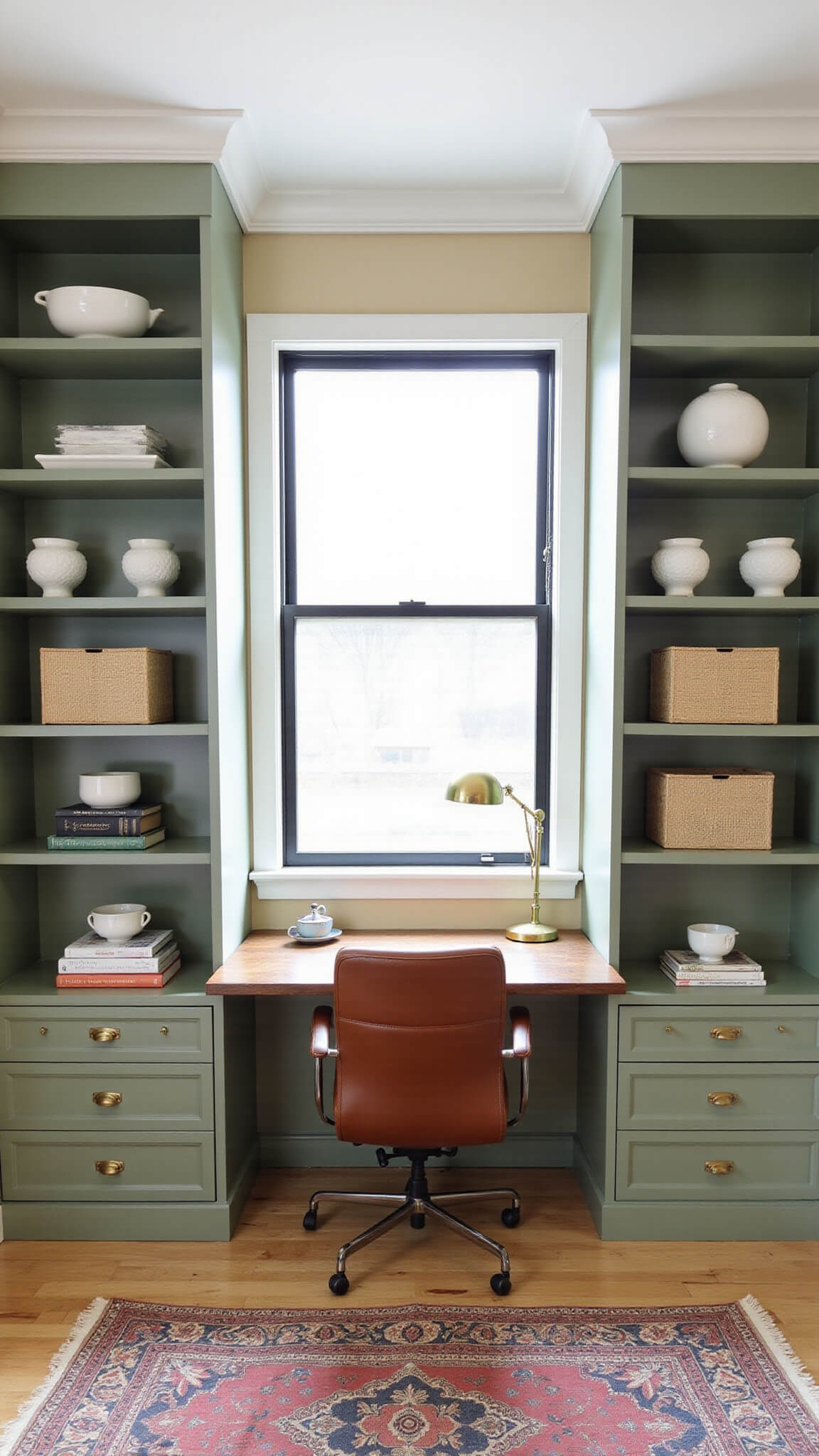 Bright home office nook with sage green built-in bookshelves, vintage wooden desk, cognac leather chair, brass lamp, and antique decor styled symmetrically under natural daylight.