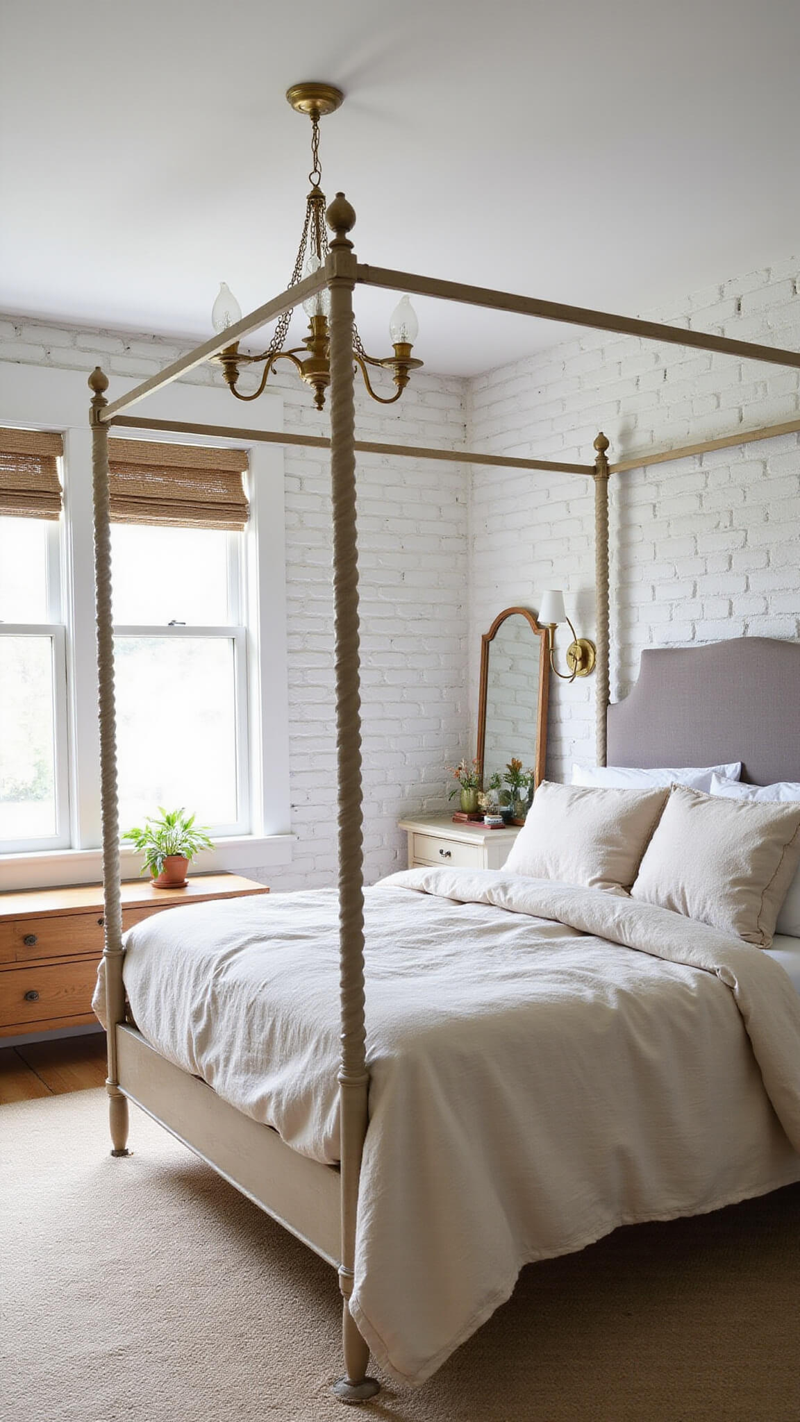Serene 14x16ft bedroom at dawn with iron canopy bed, rumpled ivory linen bedding, whitewashed brick wall, vintage chandelier, modern brass sconces, antique pine dresser with contemporary mirror, and natural fiber roman shades in soft morning light.