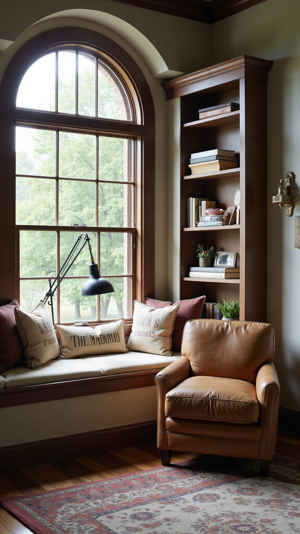 Cozy 8x10ft reading nook with arched window, built-in window seat, vintage cushions, leather armchair, floating wood shelves, and dramatic afternoon light and shadows.