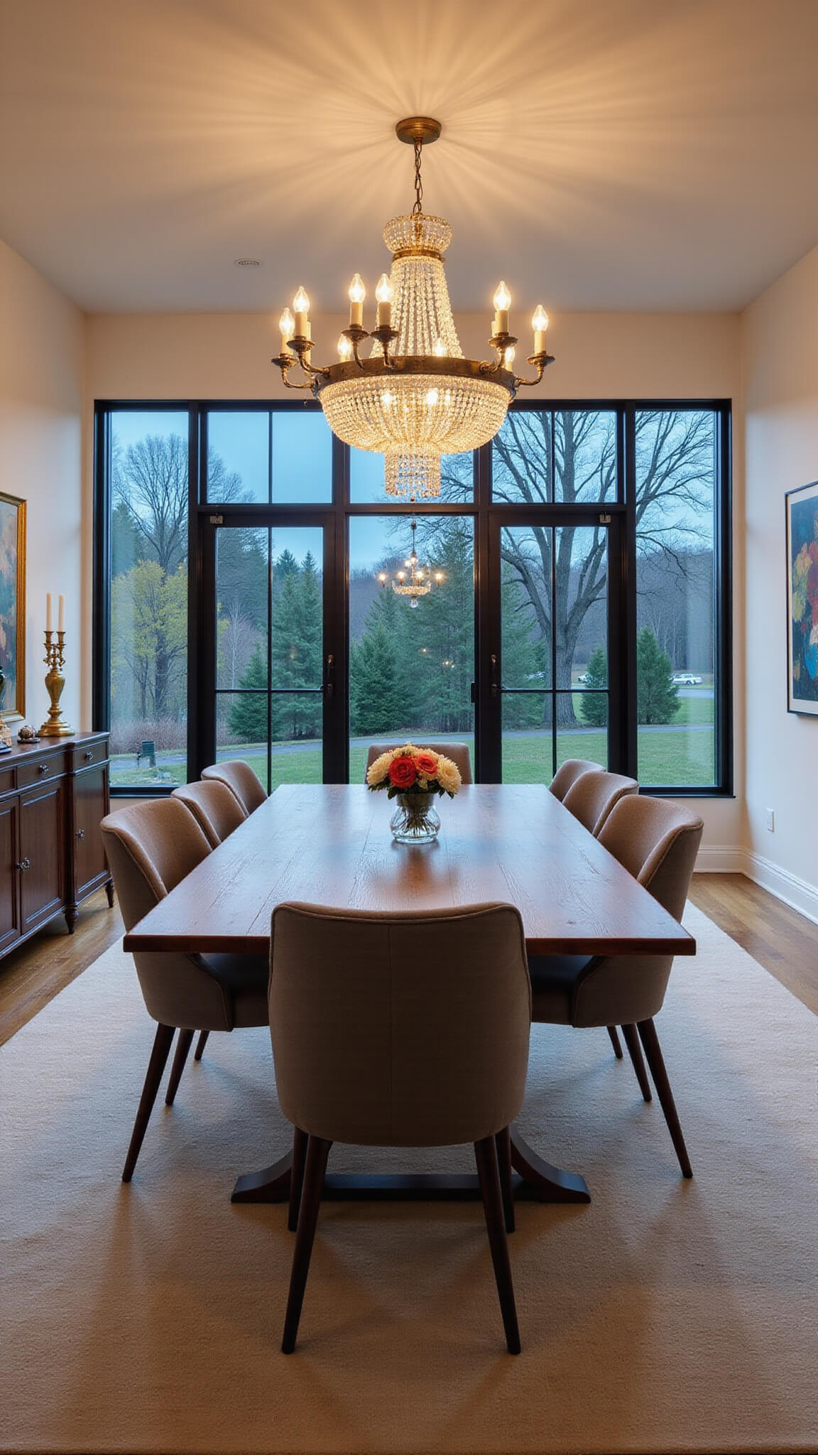 Twilight-lit dining room with salvaged wood table, gray linen chairs, vintage crystal chandelier with Edison bulbs, black steel windows, white plaster walls, and antique buffet with modern art and brass candlesticks.