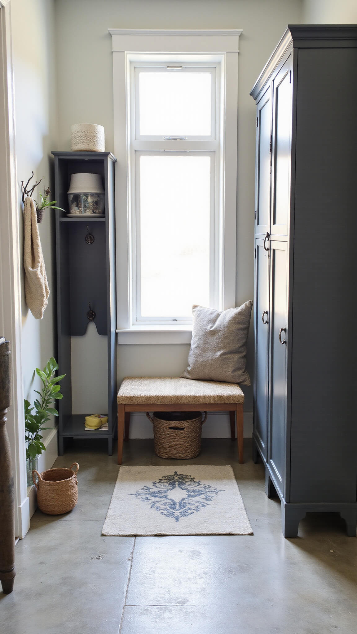 Mudroom entrance with charcoal gray vintage lockers, hexagon concrete floor tiles, antique bench with woven cushion, iron coat hooks, abstract runner, and natural light from transom window.
