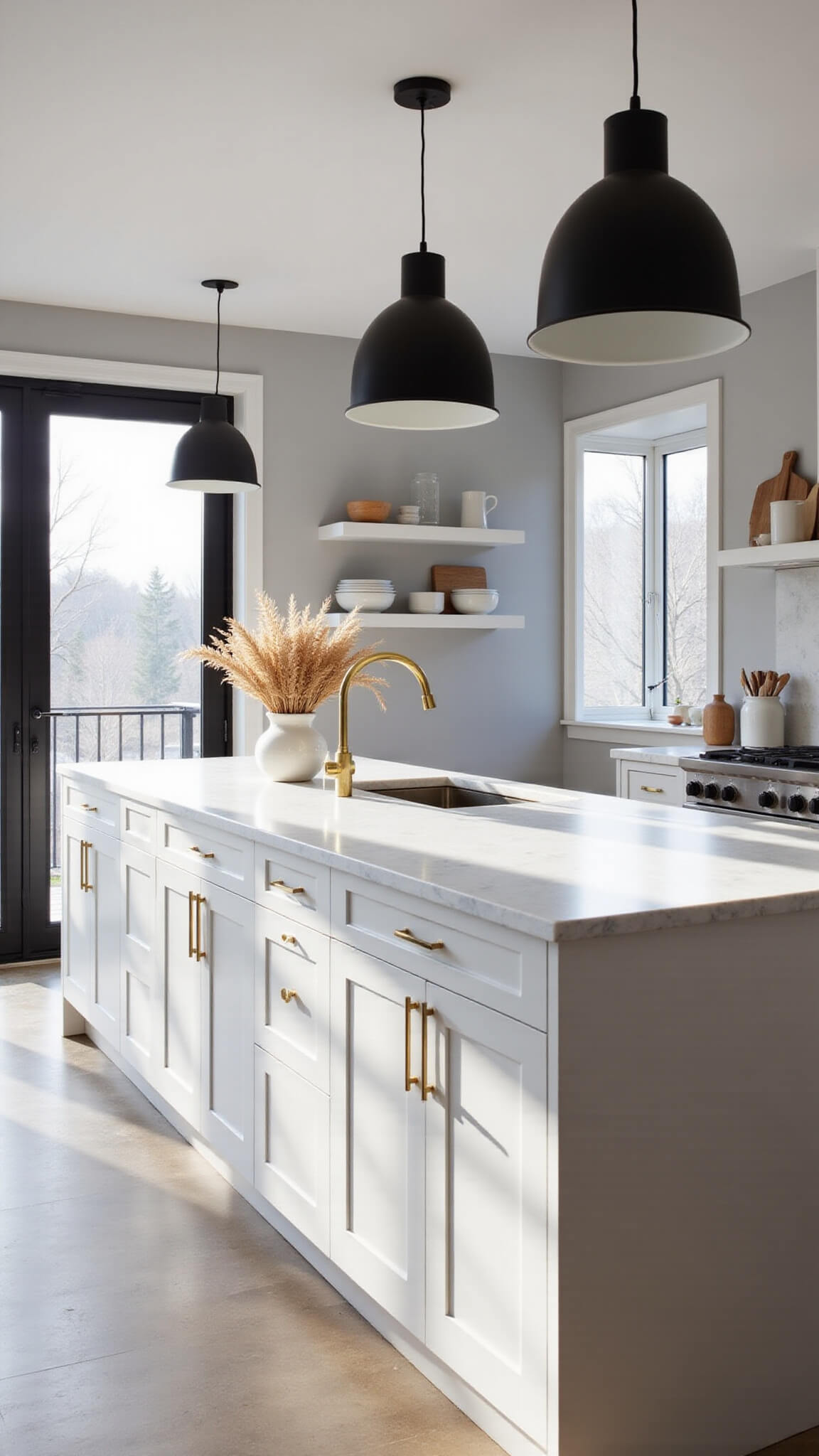 Spacious Nordic kitchen with white cabinets, oak island, marble countertops, and soft morning light through tall windows.