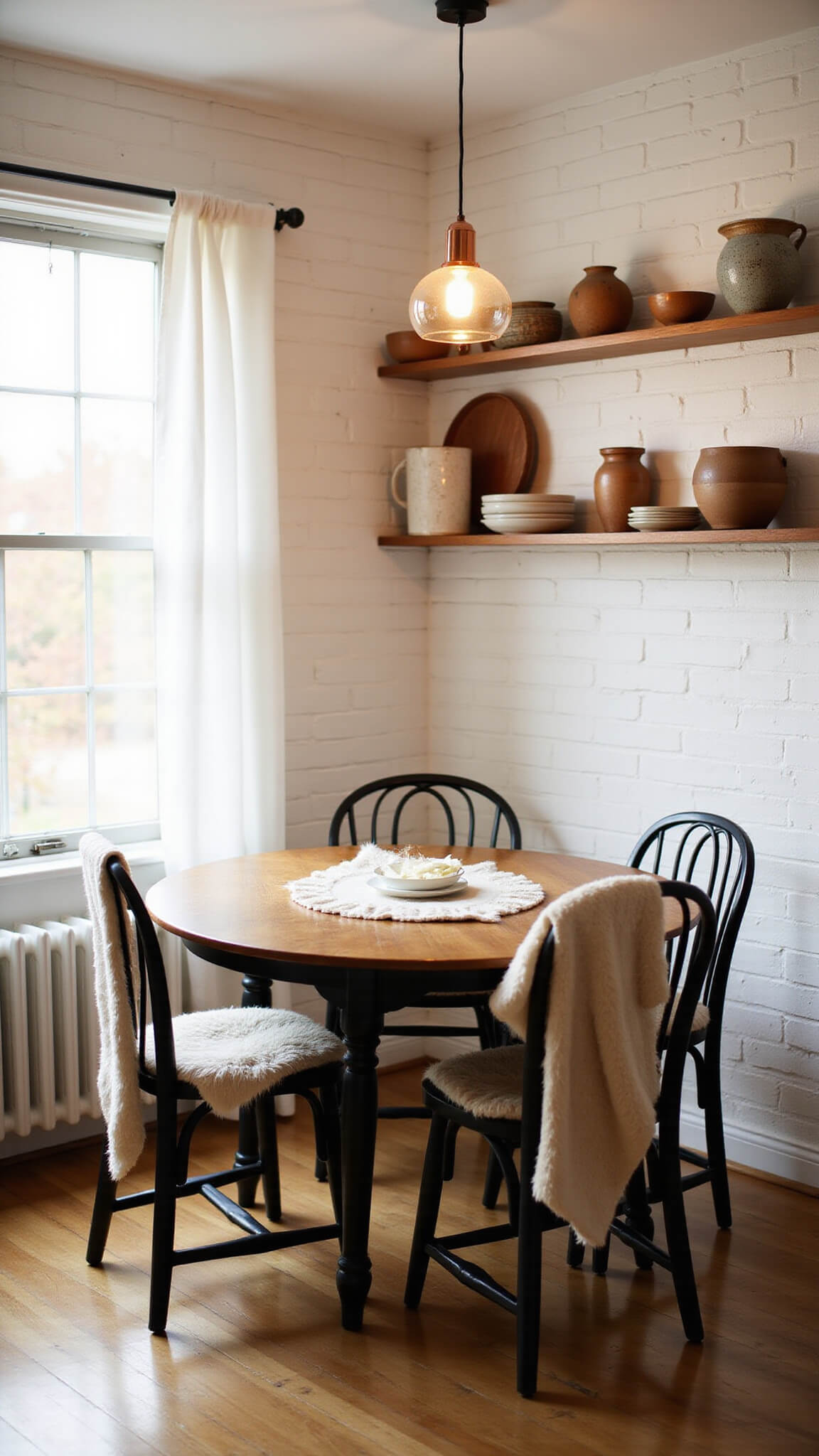 Cozy kitchen nook at golden hour with oak table, black chairs with sheepskin throws, copper pendant light, and earth-toned pottery on floating shelves against white shiplap walls.