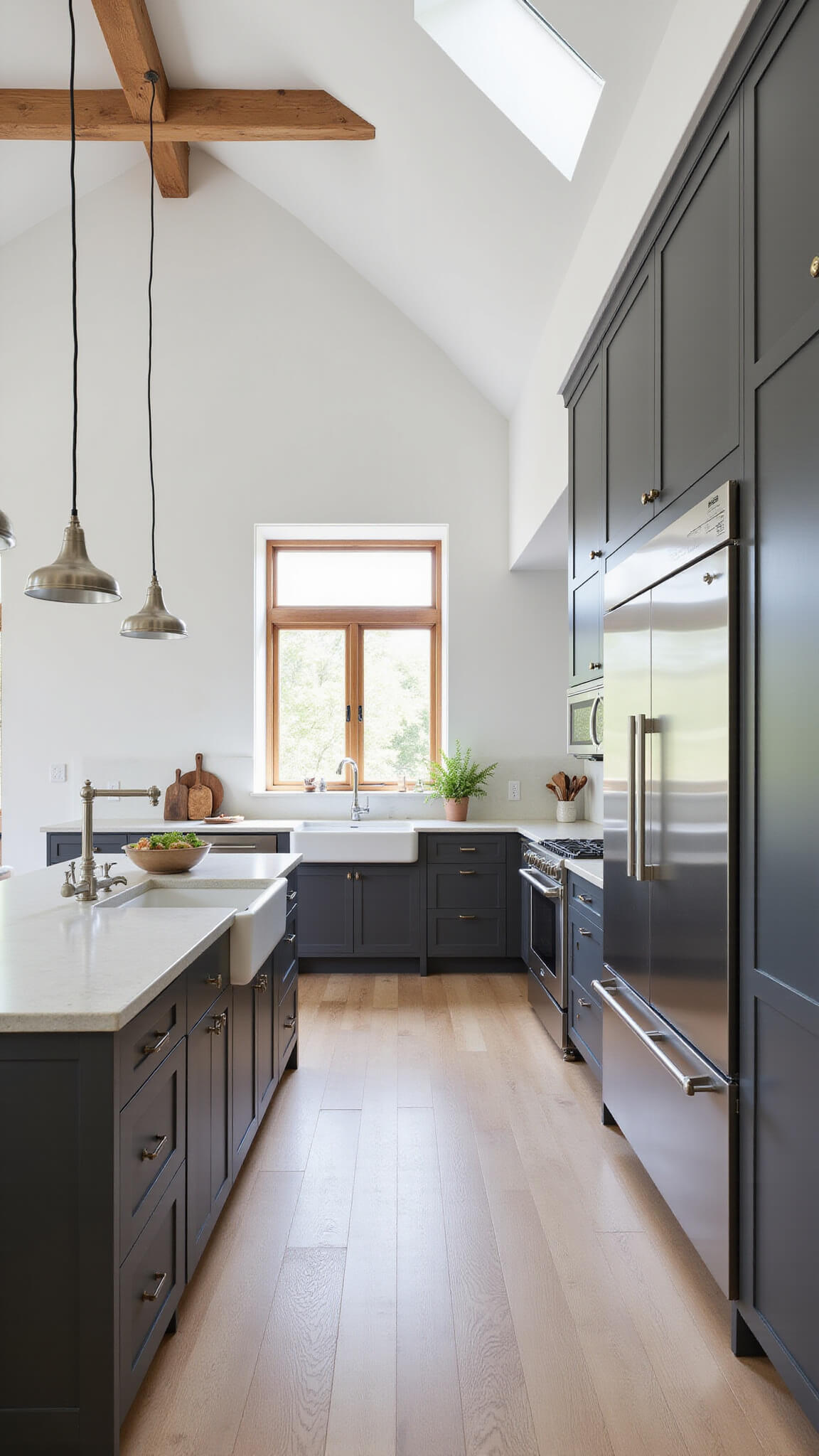 Minimalist modern kitchen with charcoal cabinets, bleached oak floors, farmhouse sink, stainless appliances, concrete countertops, and exposed wooden beams under skylit ceiling.