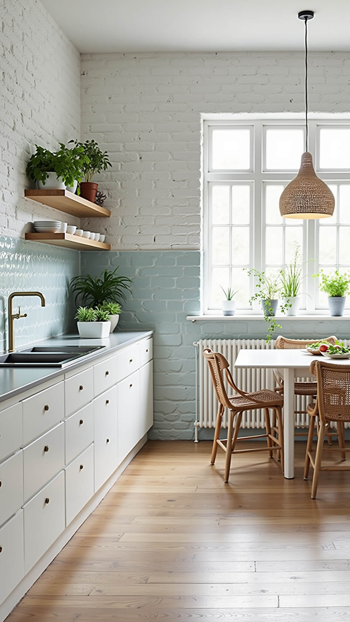 Bright Scandinavian kitchen-dining area with white brick walls, pale blue tile backsplash, floating oak shelves, rattan pendant lights, and greenhouse windows flooding the airy space with light.