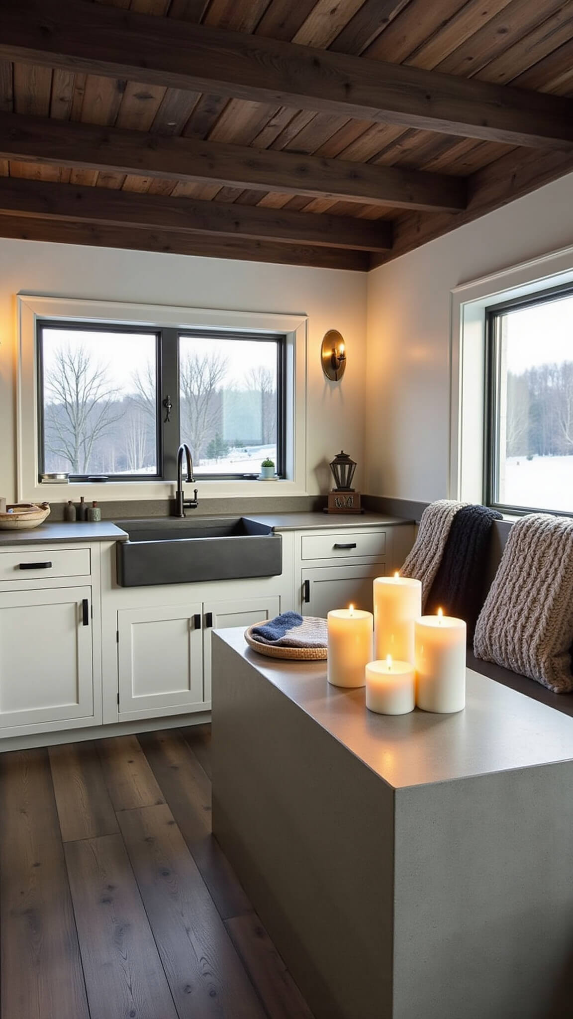 Cozy winter kitchen with dark wood beams, cream walls, snow outside window, soapstone sink, brass sconces, white oak cabinets, knit throws on bench, and candles on concrete island.