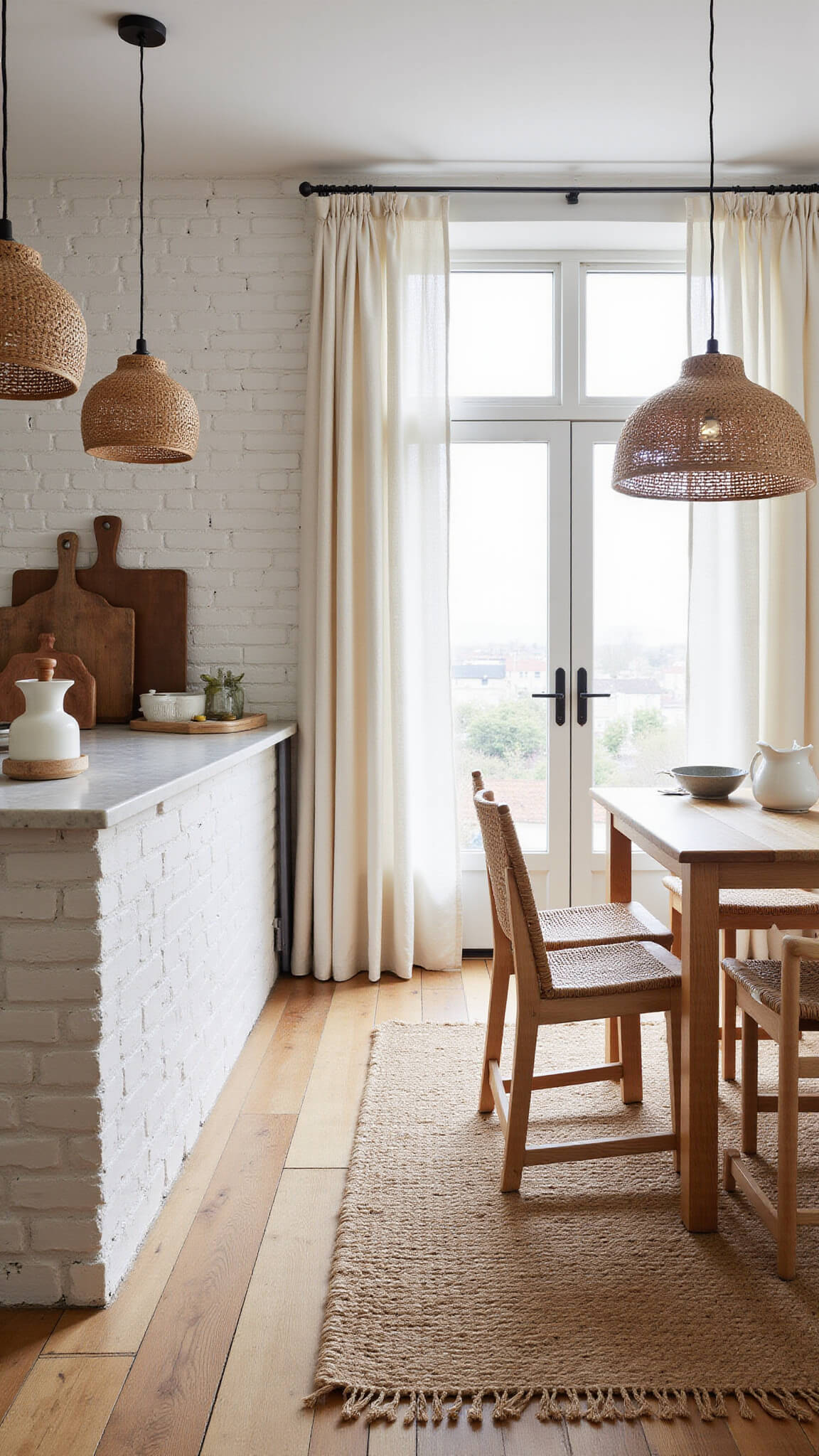 Open-concept kitchen-living space with whitewashed brick walls, honey-toned wood floors, jute rug, limestone counters, woven pendant lights, and linen curtains in a neutral, textured palette.