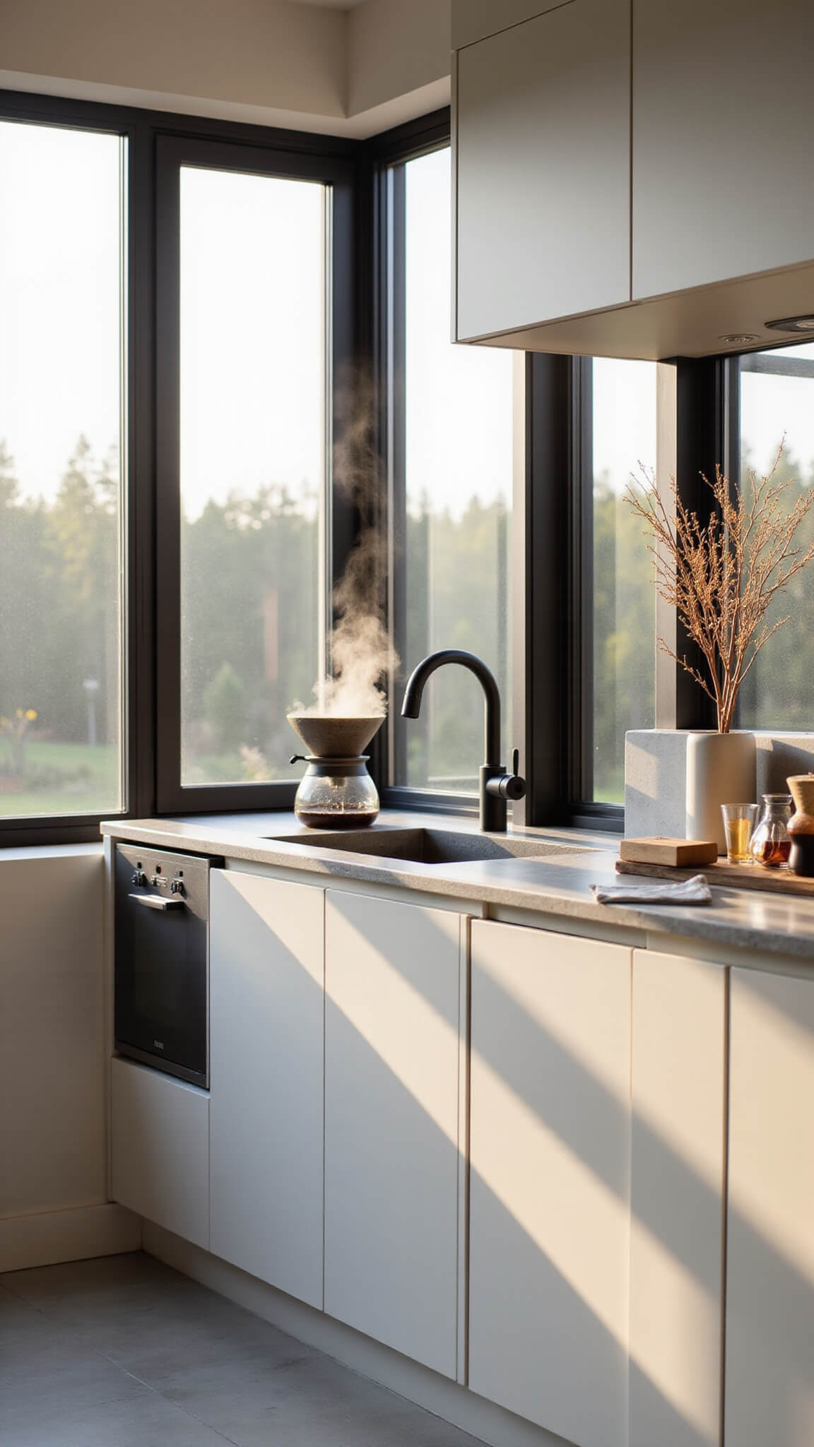 Minimalist kitchen at sunrise with floor-to-ceiling forest view, white and ash cabinets, concrete sink, and steam rising from pour-over coffee setup.