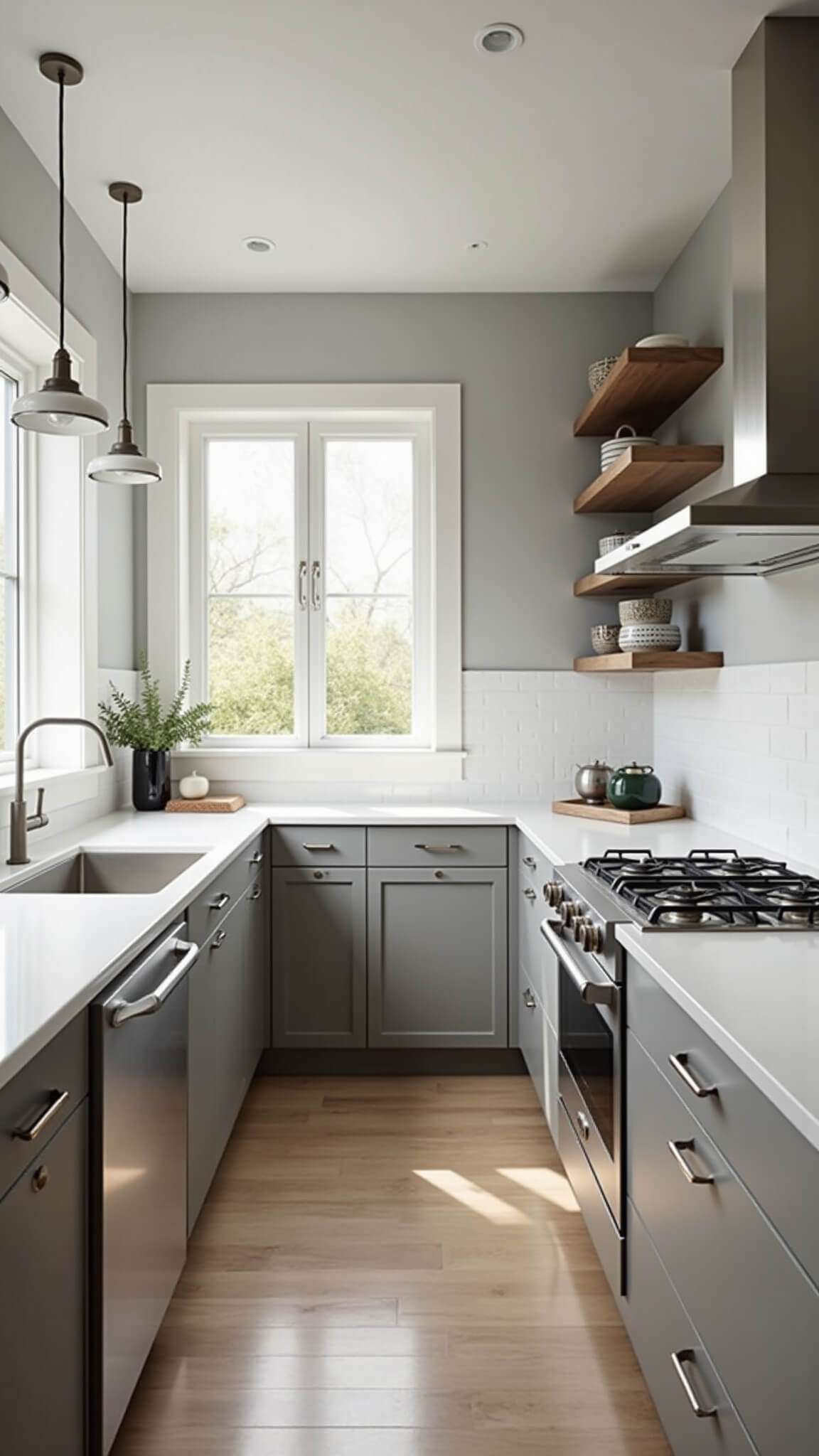 Modern minimalist kitchen with white quartz countertops, matte gray cabinets, stainless steel appliances, and a compact island under brushed nickel pendant lights, bathed in soft morning light.