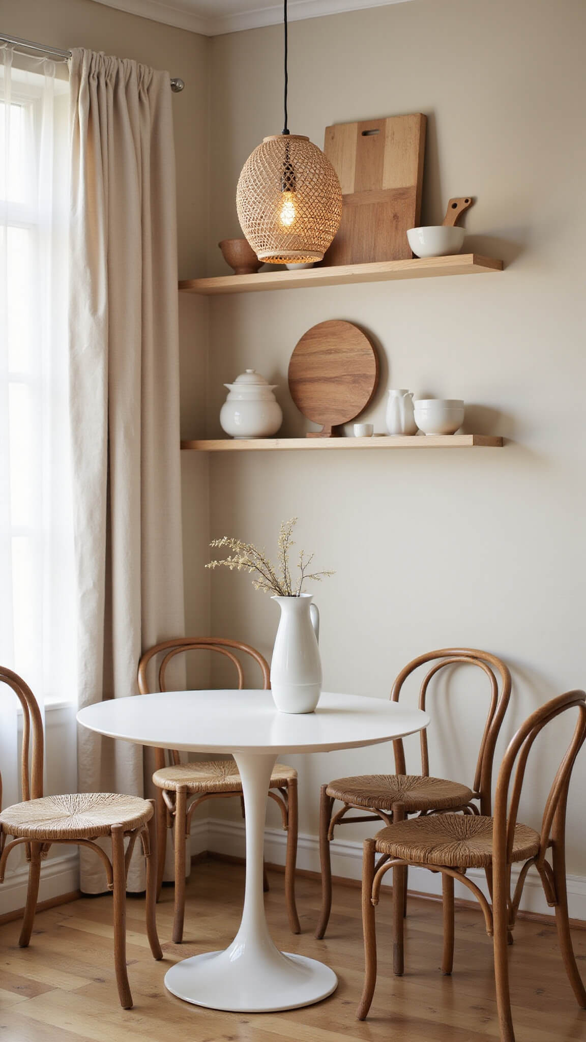 Scandinavian breakfast nook with round white tulip table, bentwood chairs, floating shelves with minimalist pottery, and woven pendant light casting warm golden hour shadows.