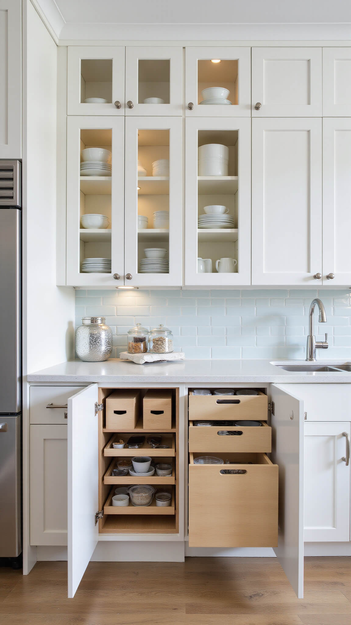 Vertical view of a sleek white galley kitchen featuring floor-to-ceiling flat-panel cabinets, pull-out pantry, glass-front uppers displaying white dinnerware, glossy subway tile backsplash, and chrome accents under soft professional lighting.